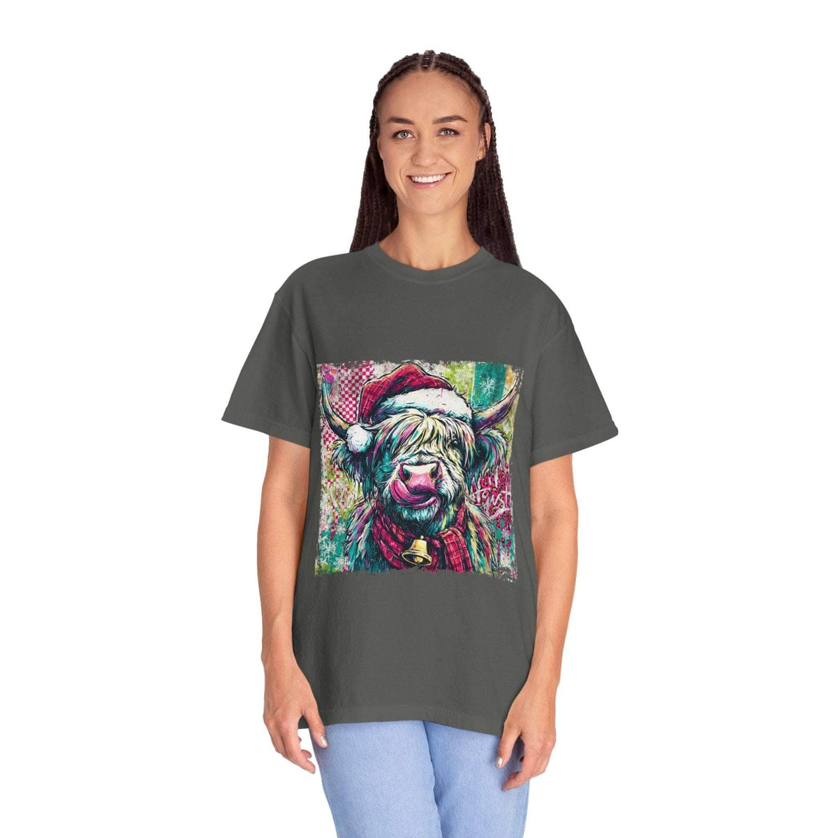 Woman wearing retro Santa Highland Cow T-shirt with colorful festive design on charcoal fabric