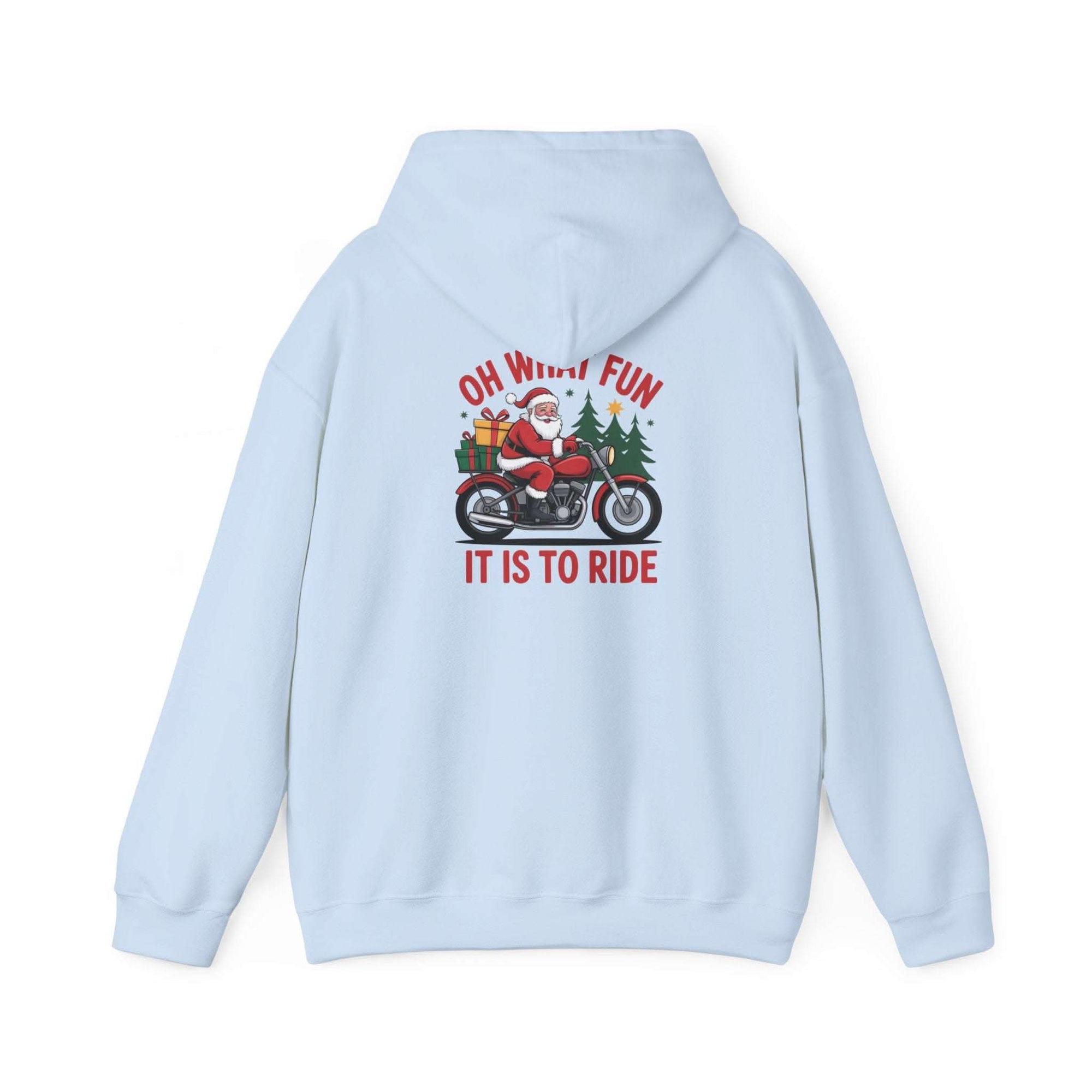 Santa motorcycle hoodie in black, featuring festive graphics, perfect for holiday celebrations and motorcycle enthusiasts.