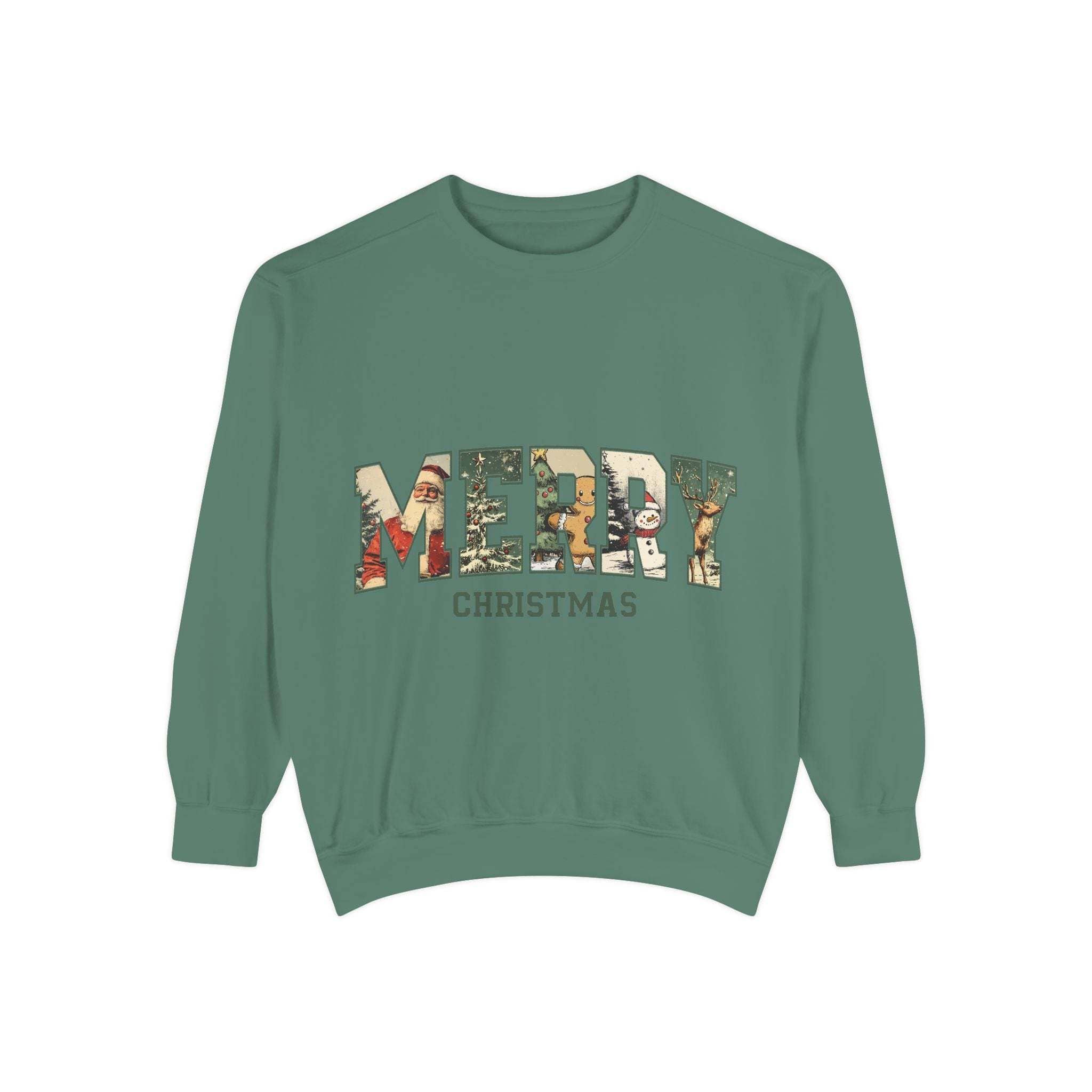 White vintage varsity Merry Christmas sweatshirt by Printify in sizes S, M, and L