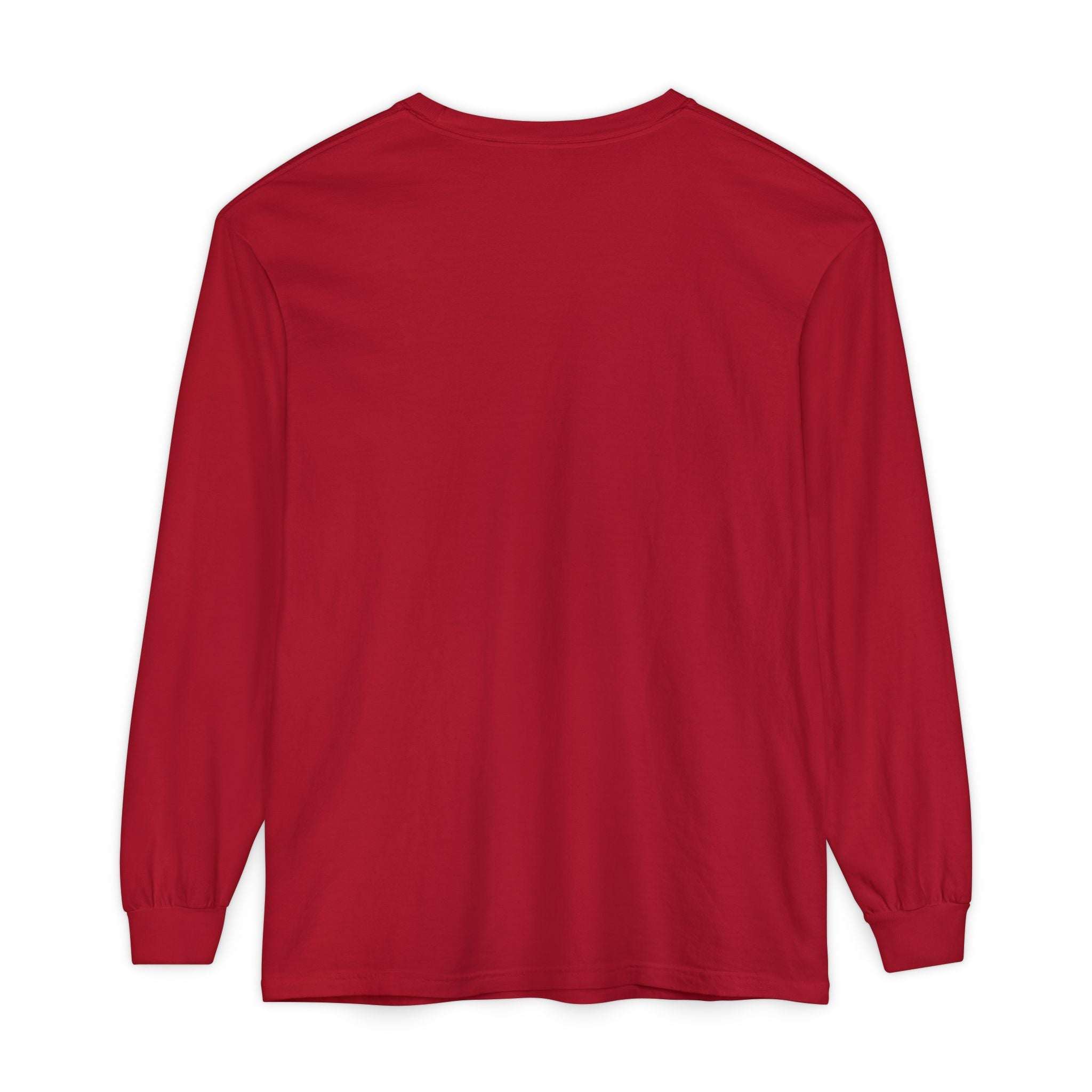 Red long sleeve t-shirt with ribbed cuffs and durable hems, made from soft ring-spun cotton