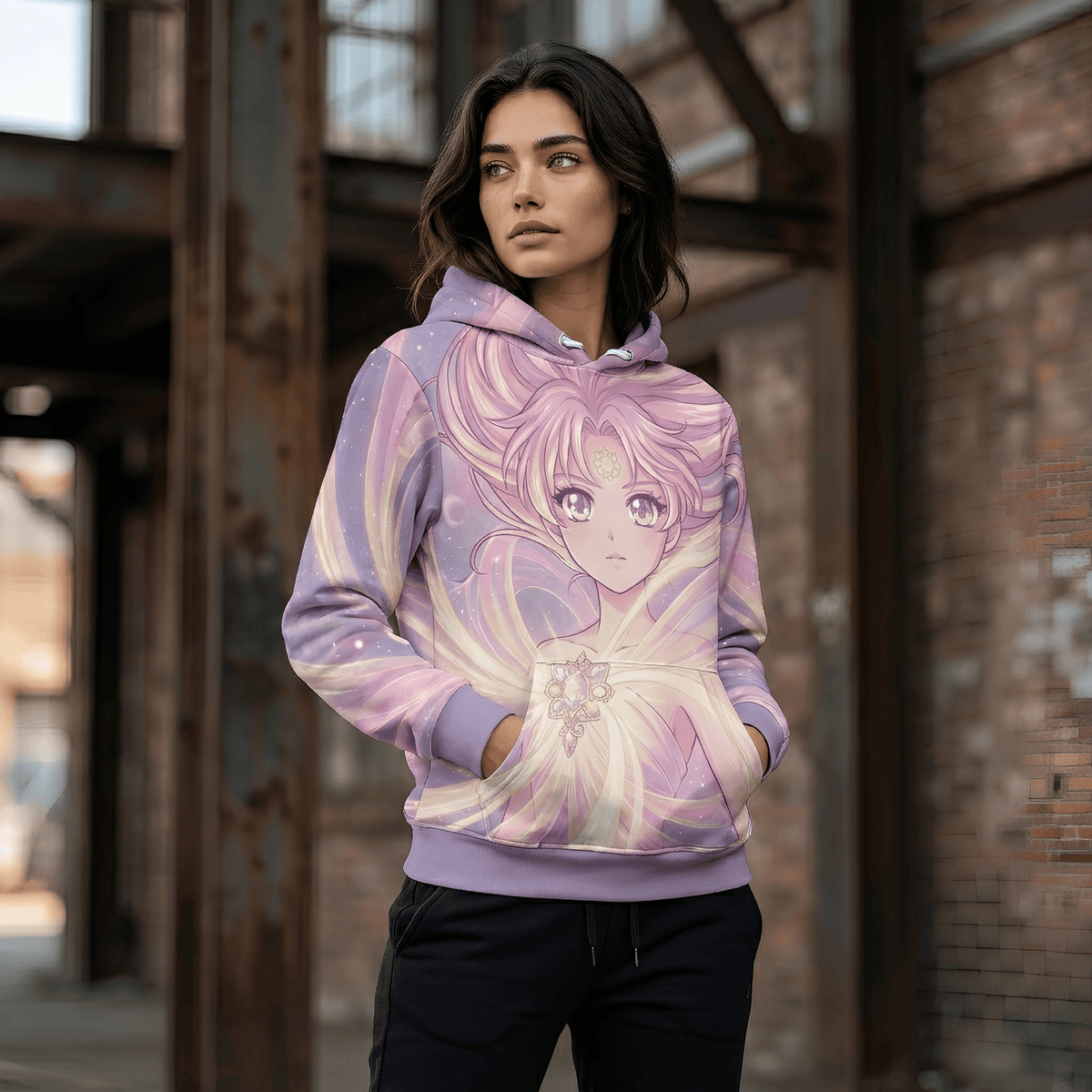 Anime hoodie featuring all-over print with dreamy clouds and magical girl design, perfect kawaii anime sweater for gamers and soft girl style