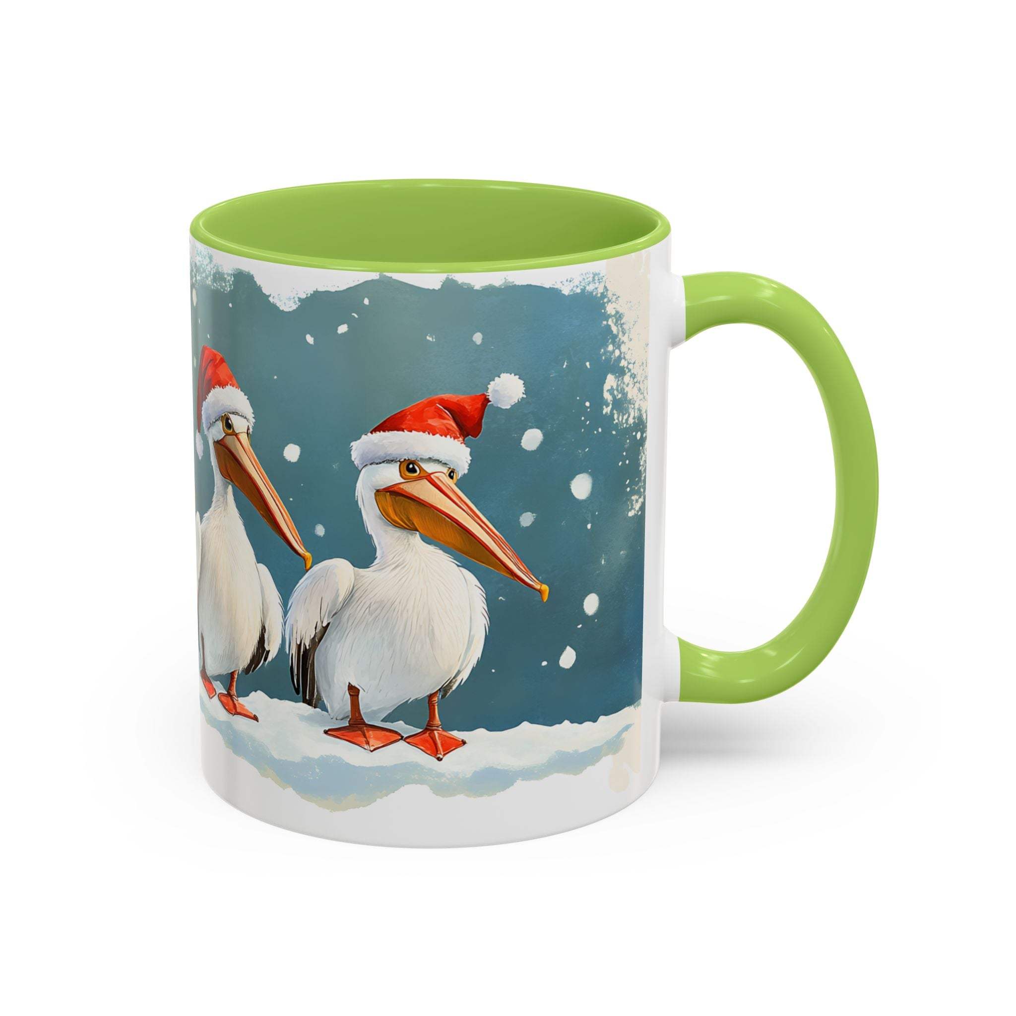 Mug with Christmas design featuring pelicans and Santa hats on a snowy background.
