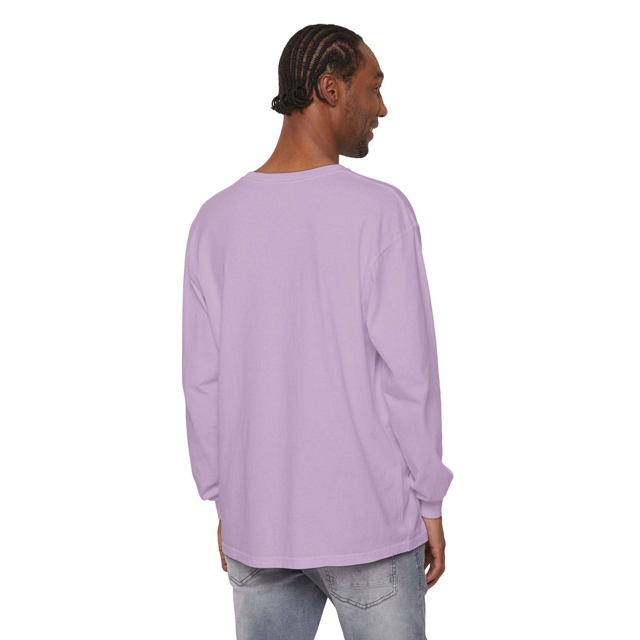 Man wearing preppy pink long sleeve T-shirt back view
