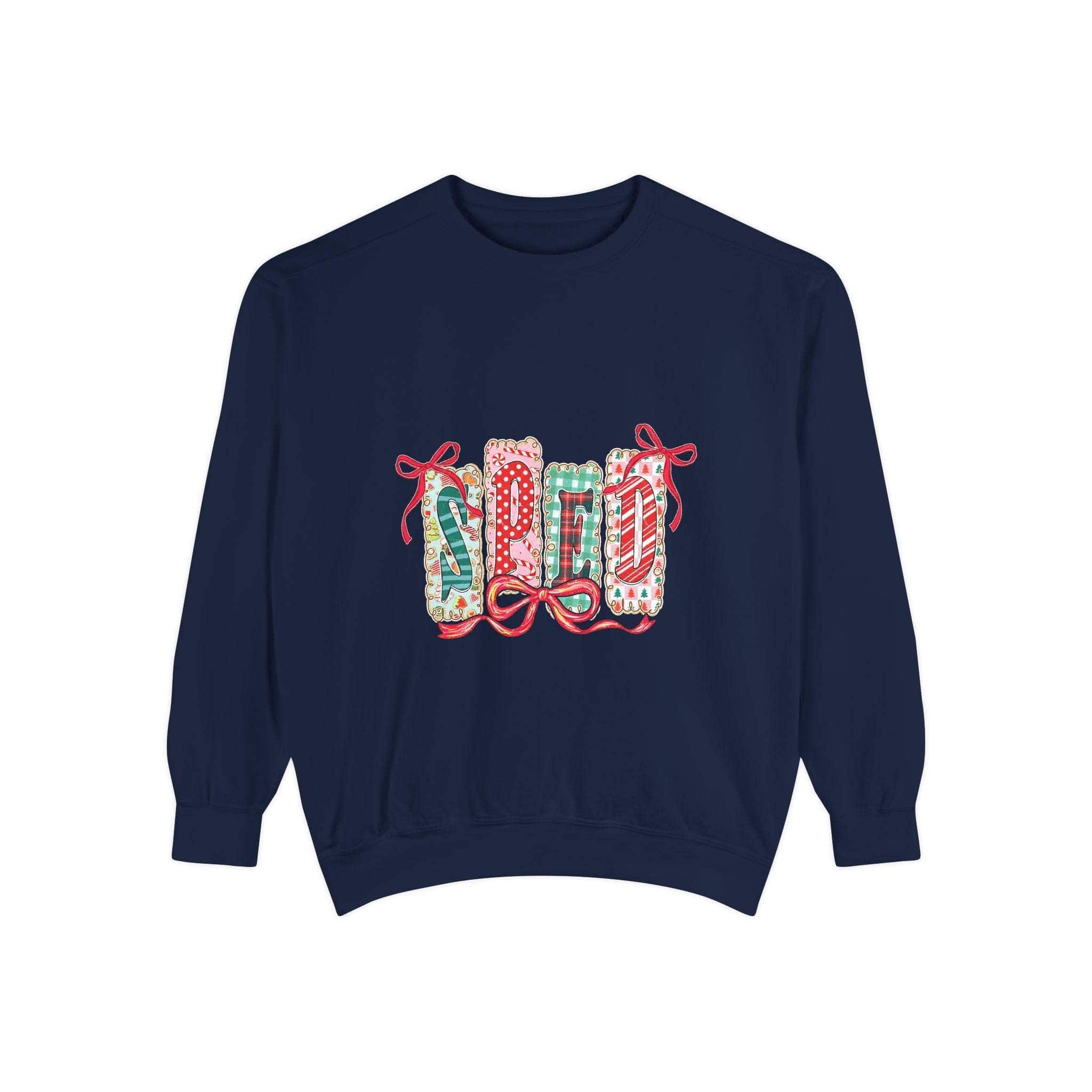 Pepper garment-dyed sweatshirt for preppy SPED teachers, featuring a festive Christmas design by Printify