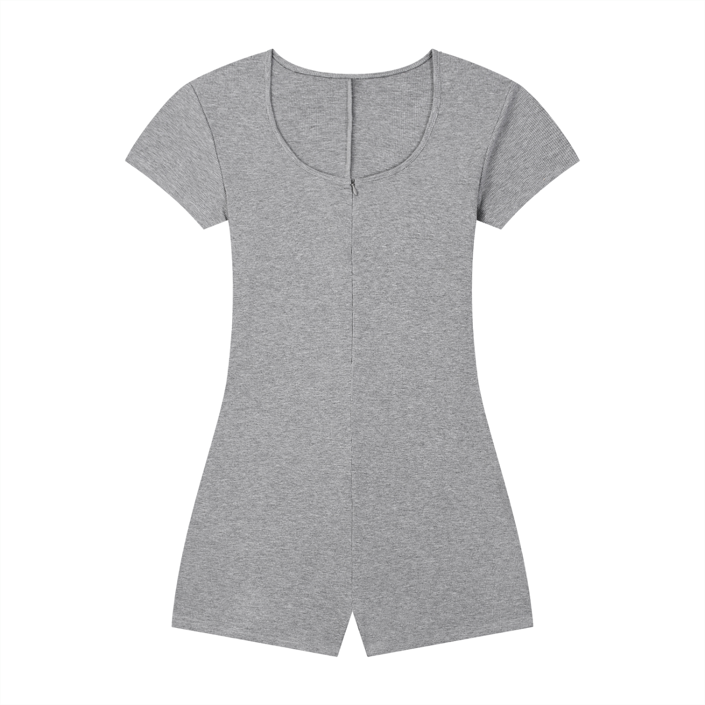 Woman wearing a ribbed tie-waist cape romper with a skinny fit and scoop neckline in a casual Y2K athleisure style