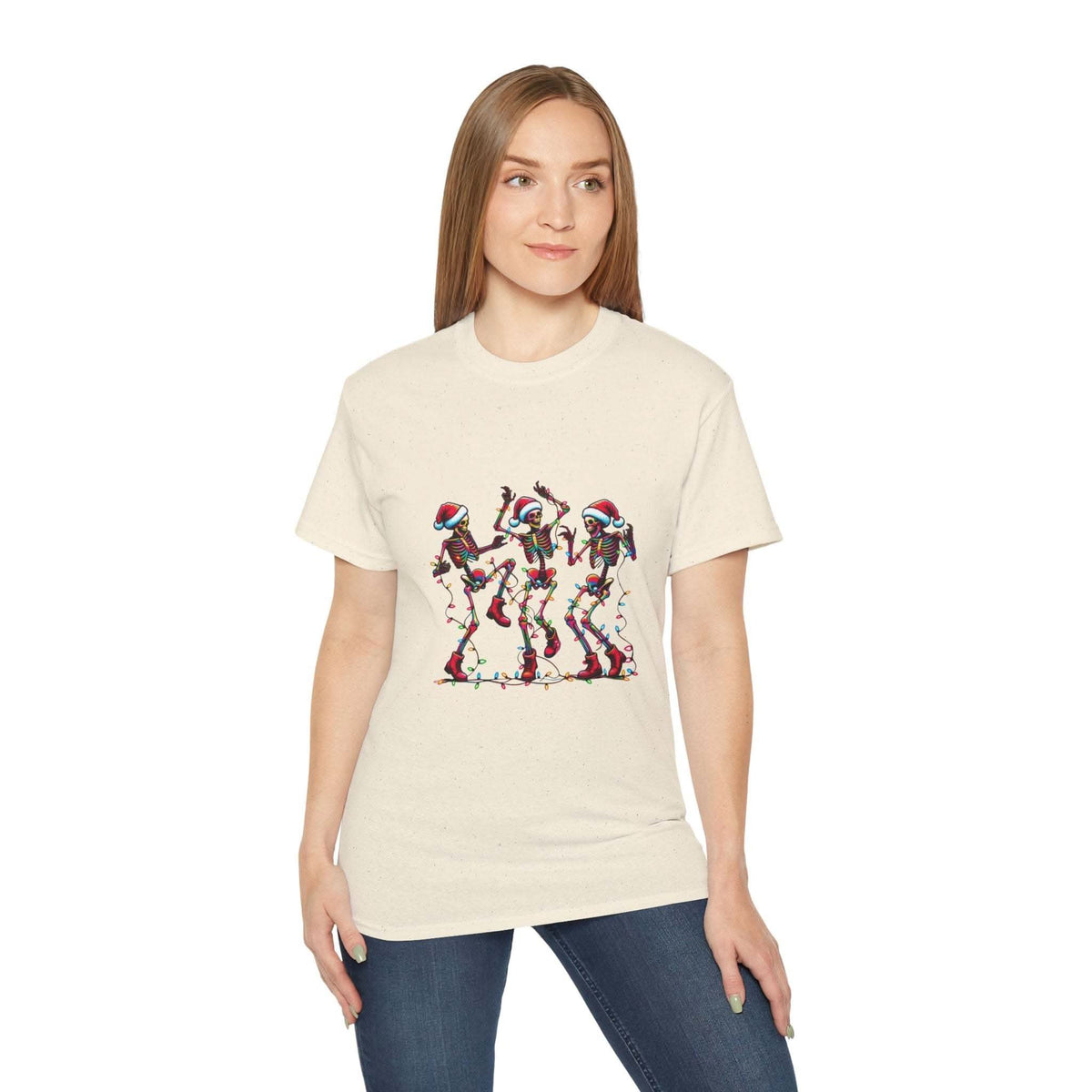 White Christmas Dancing Skeletons t-shirt by Printify, festive design perfect for holiday celebrations