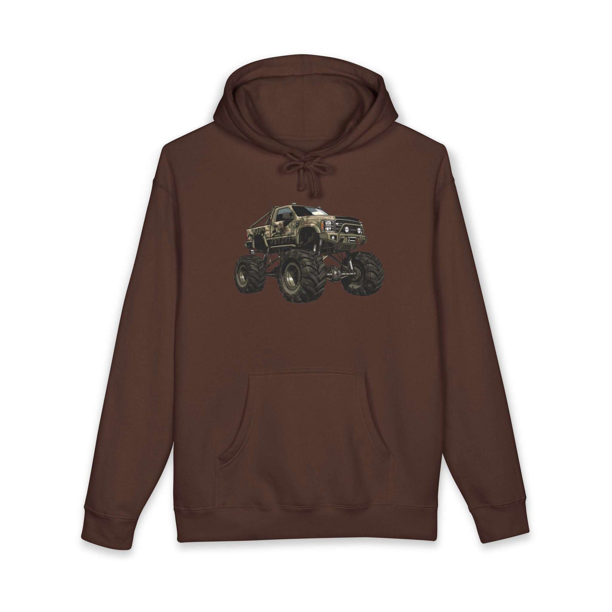 American Flag Monster Truck hoodie with camouflage design and distressed flag background