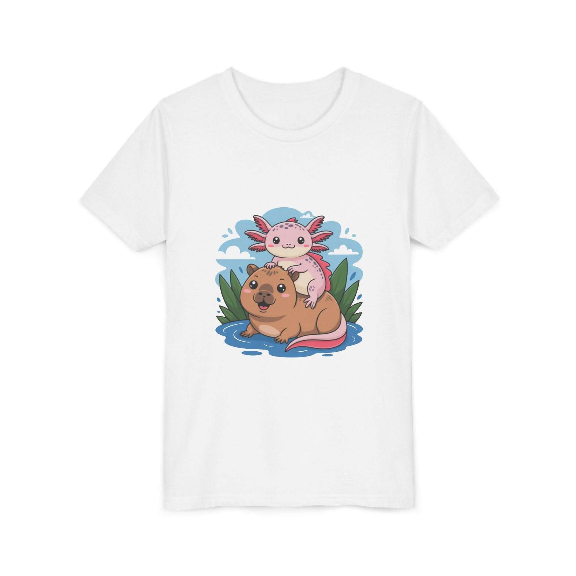 Breathable navy cotton youth tee featuring axolotl on a capybara design by Printify