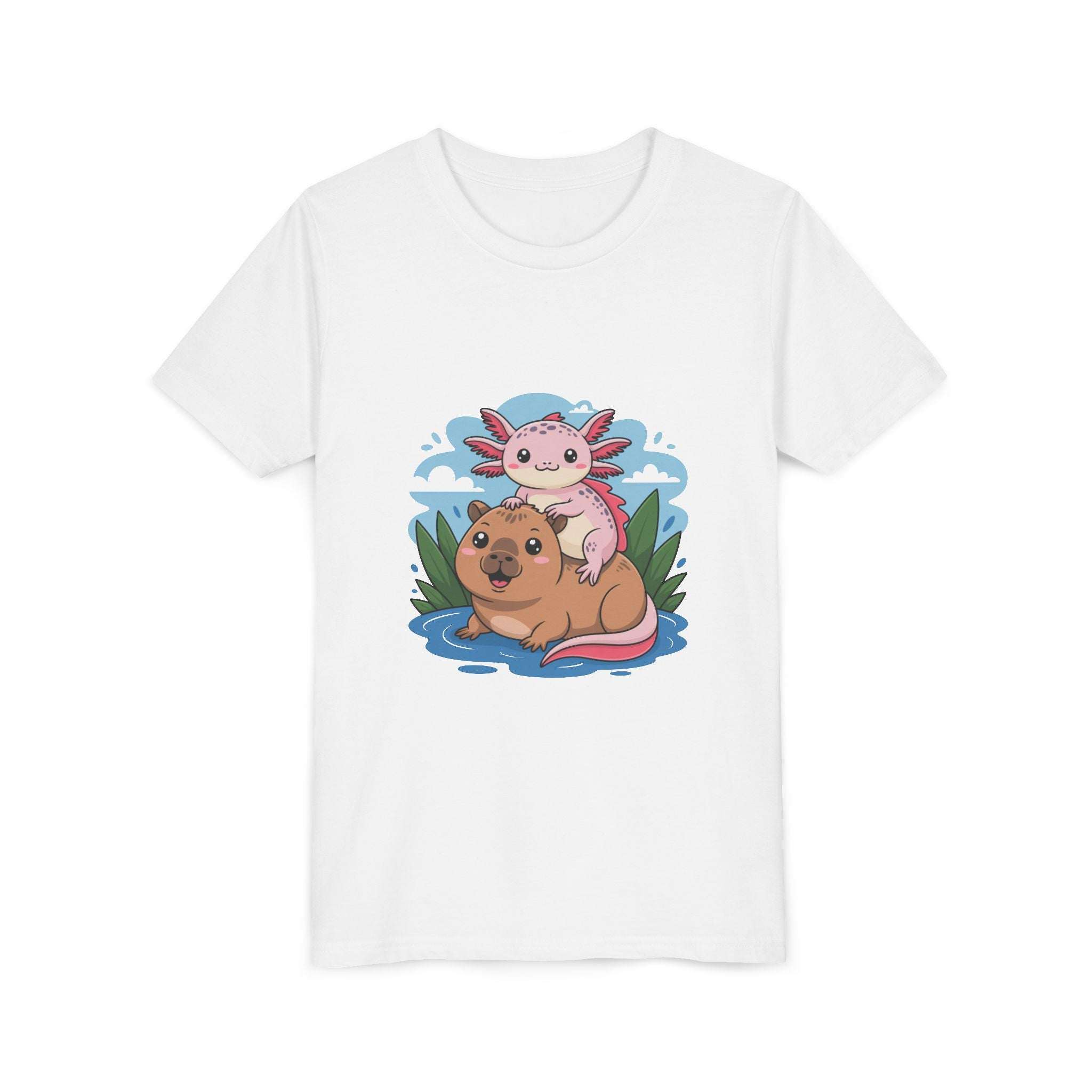 Breathable navy cotton youth tee featuring axolotl on a capybara design by Printify