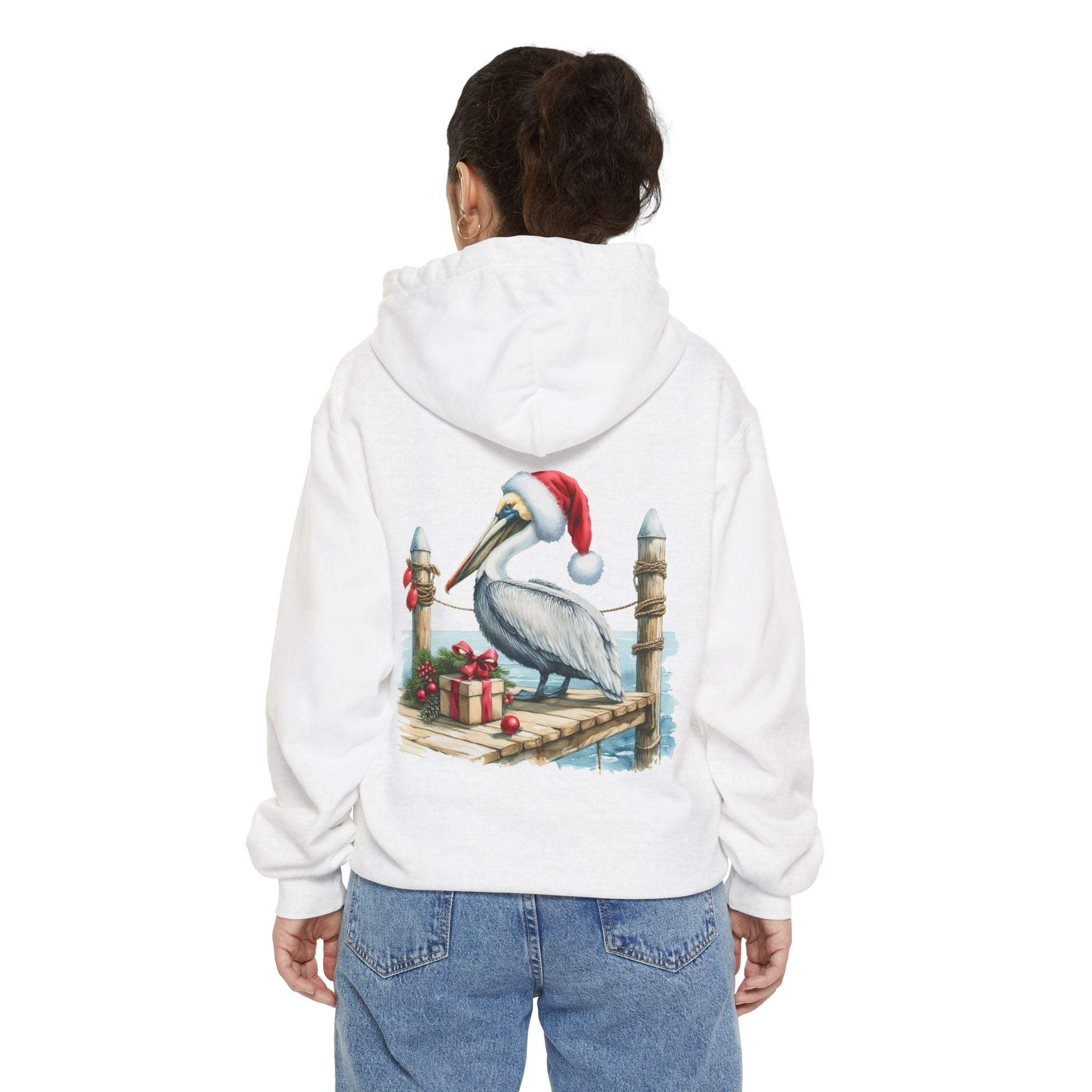True Navy hoodie featuring a pelican in a Santa hat design by Printify
