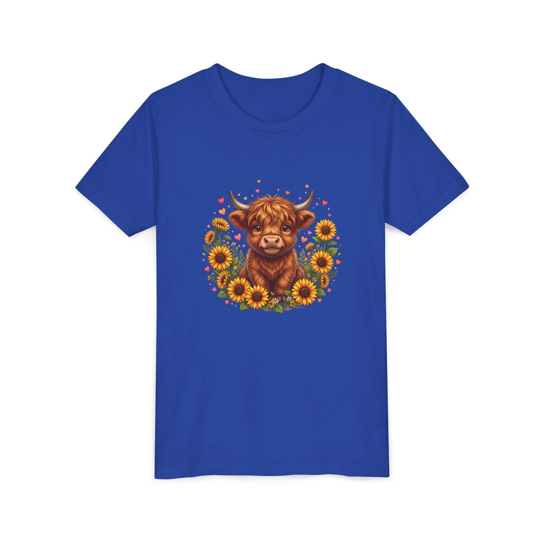 Youth tee featuring Highland Cow with Sunflowers design on soft cotton fabric