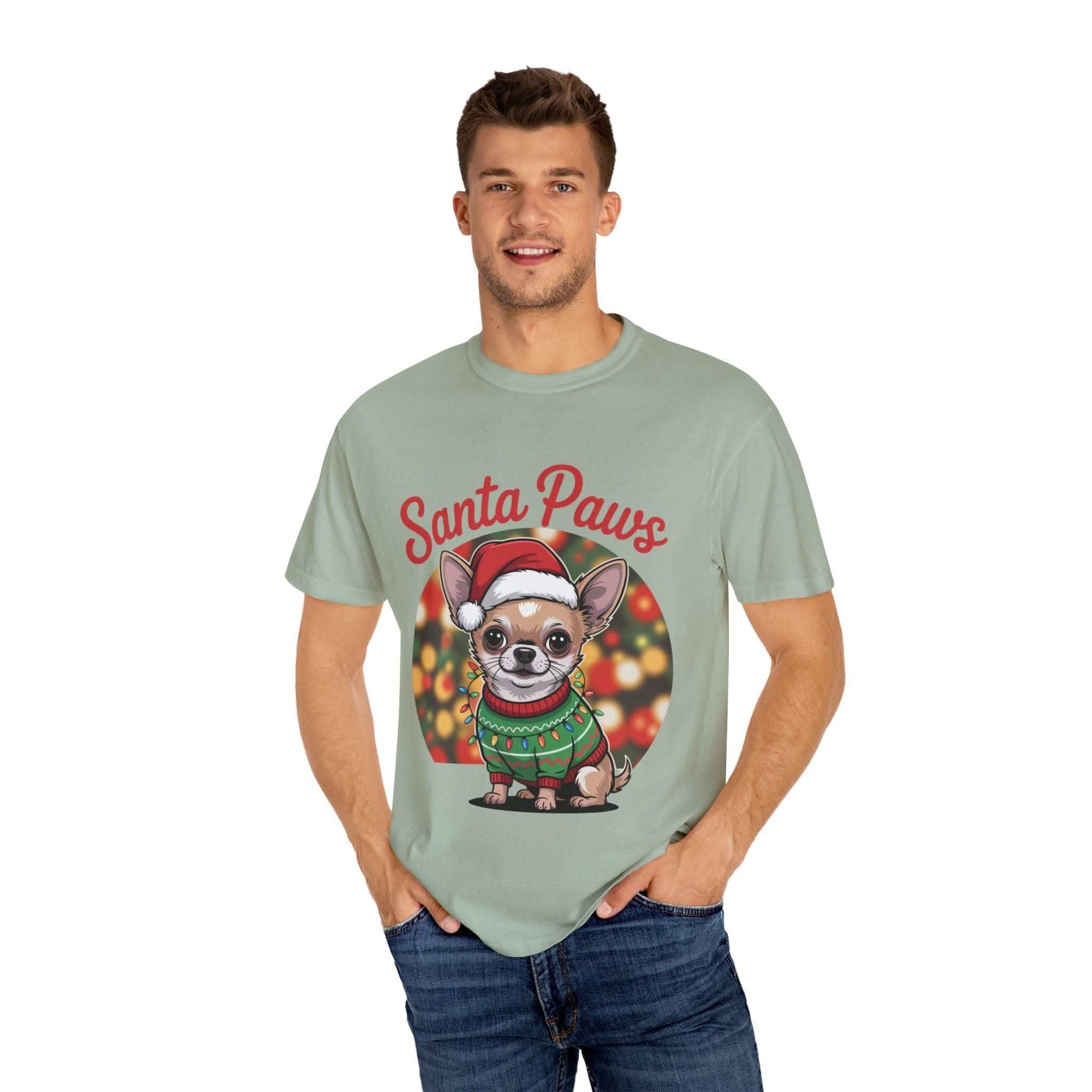 Bay Chihuahua Santa Paws T-Shirt from Printify, festive holiday pet apparel for dog lovers