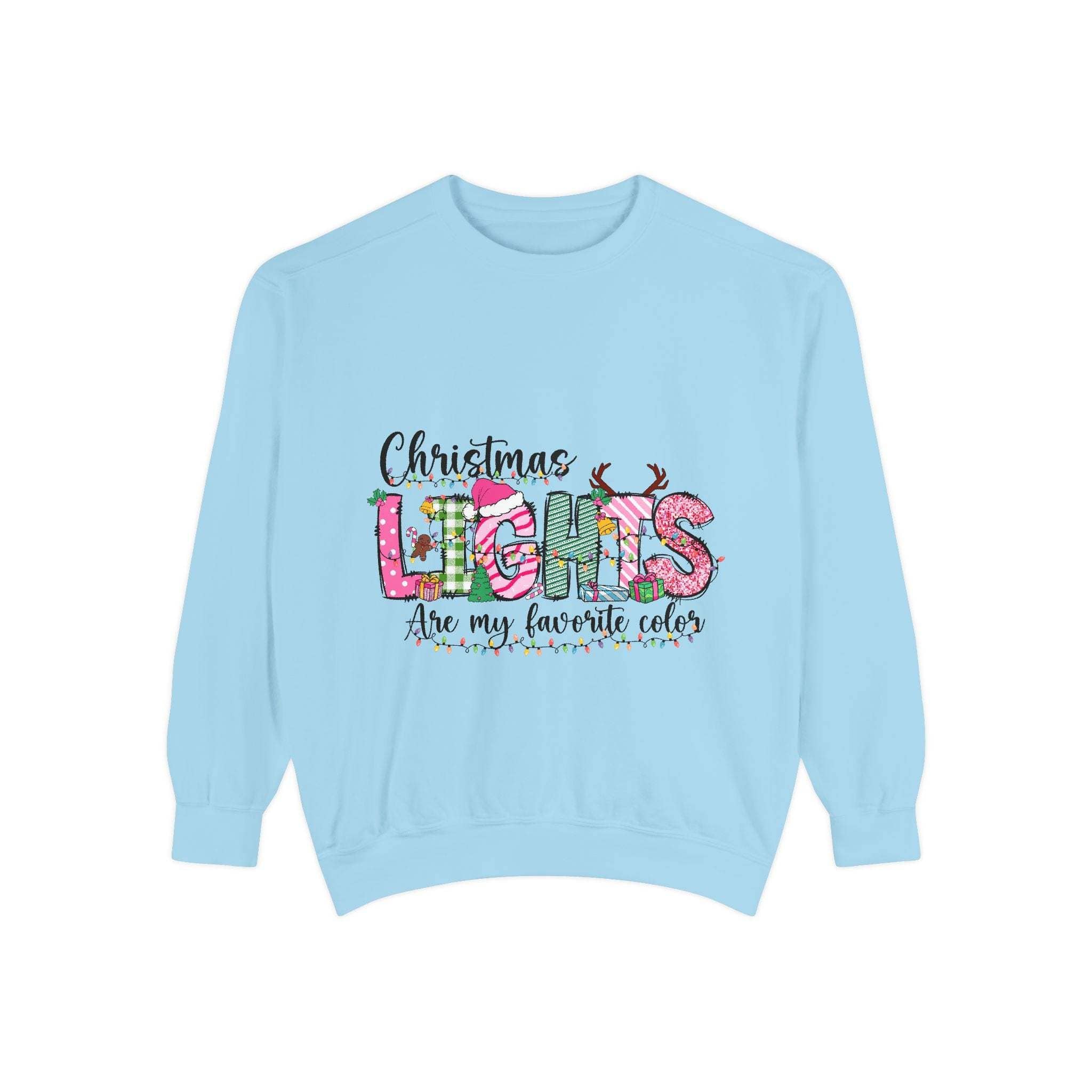 White garment-dyed sweatshirt featuring festive Christmas lights design by Printify