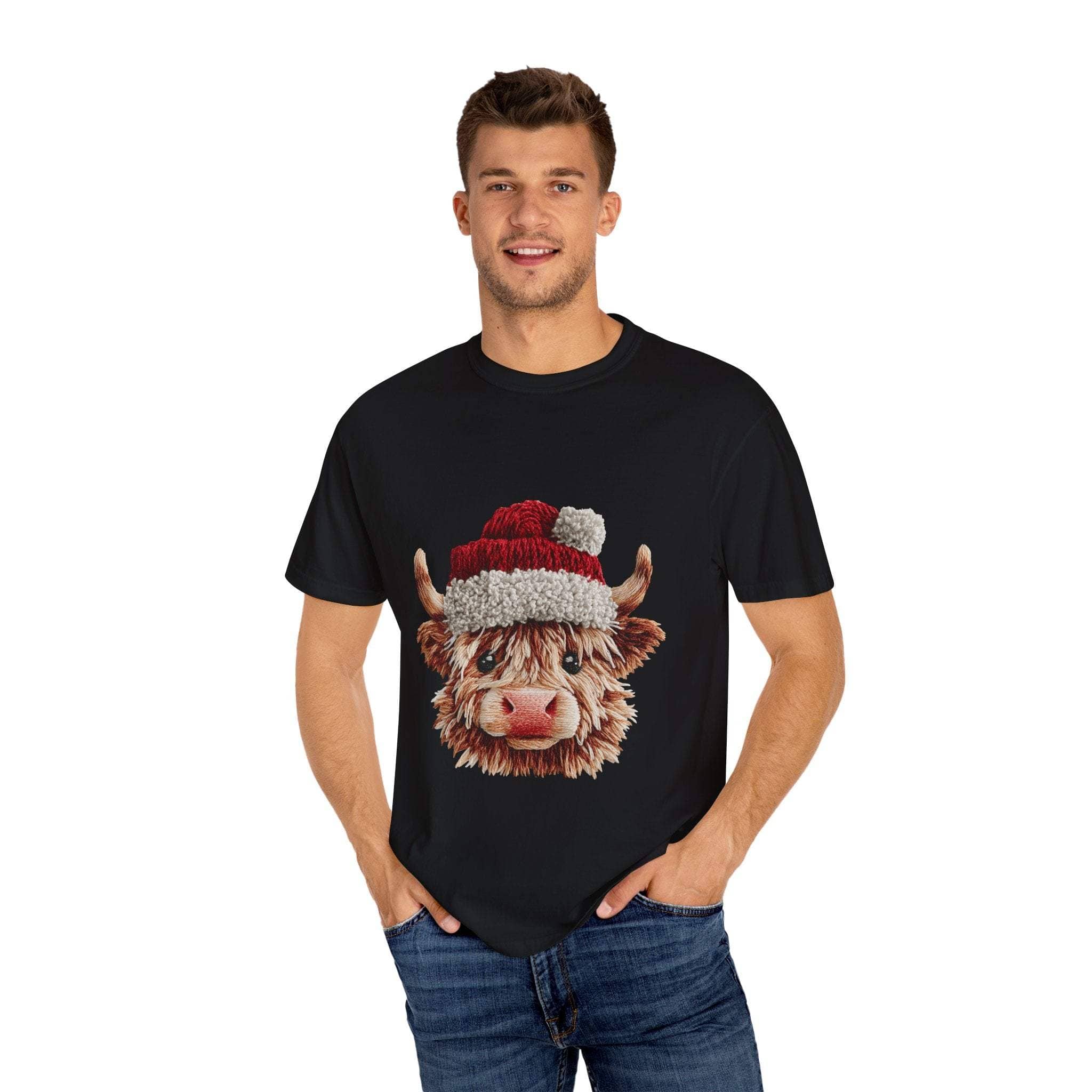 Man wearing black T-shirt with faux crochet yarn highland cow Santa print