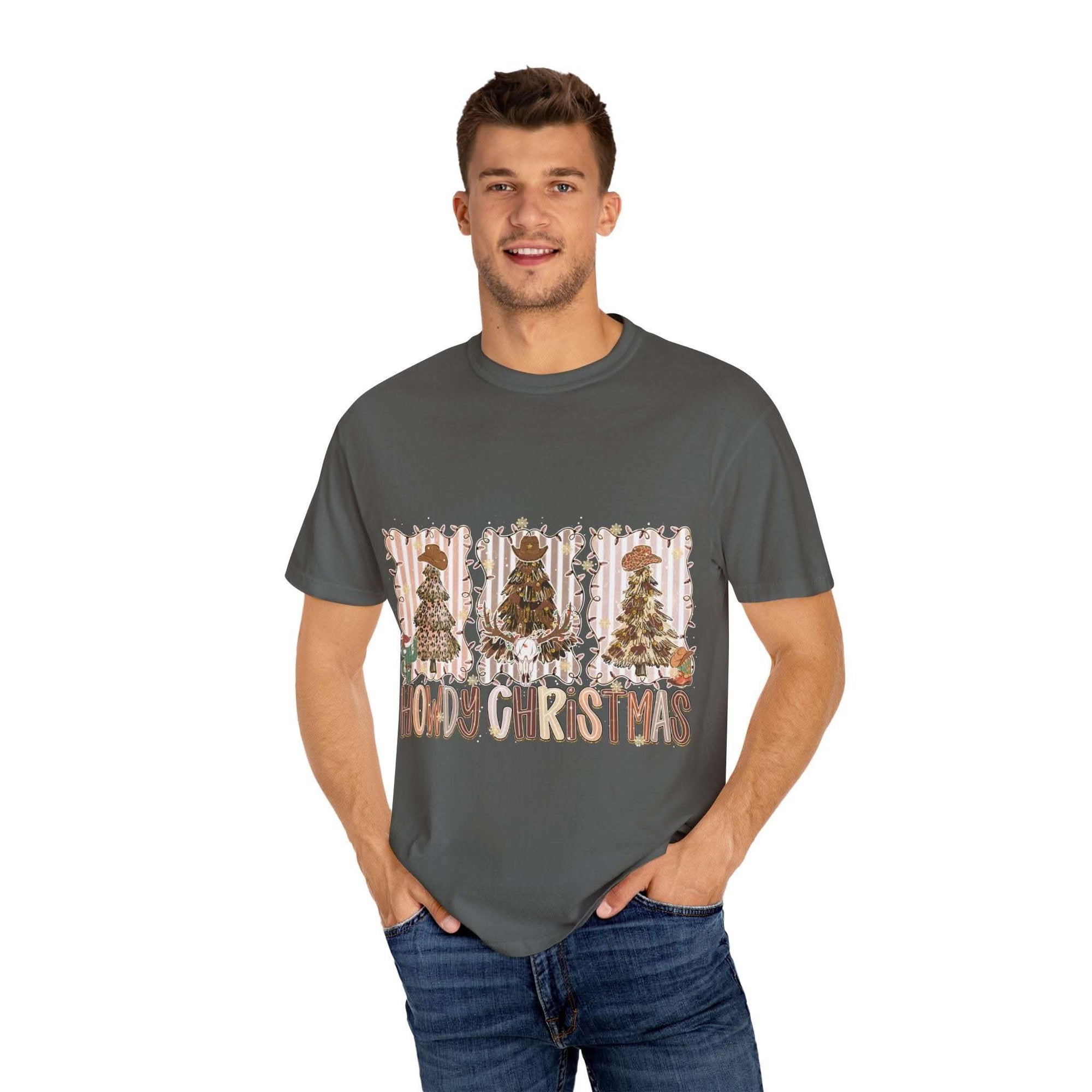Cowboy Howdy Christmas t-shirt with festive cowboy tree design on grey cotton fabric