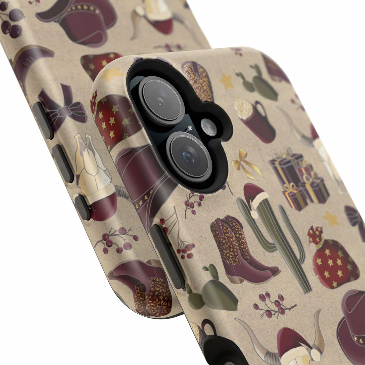 Cowboy Christmas design phone case for iPhone 17 in glossy finish by Printify, featuring festive colors and patterns.