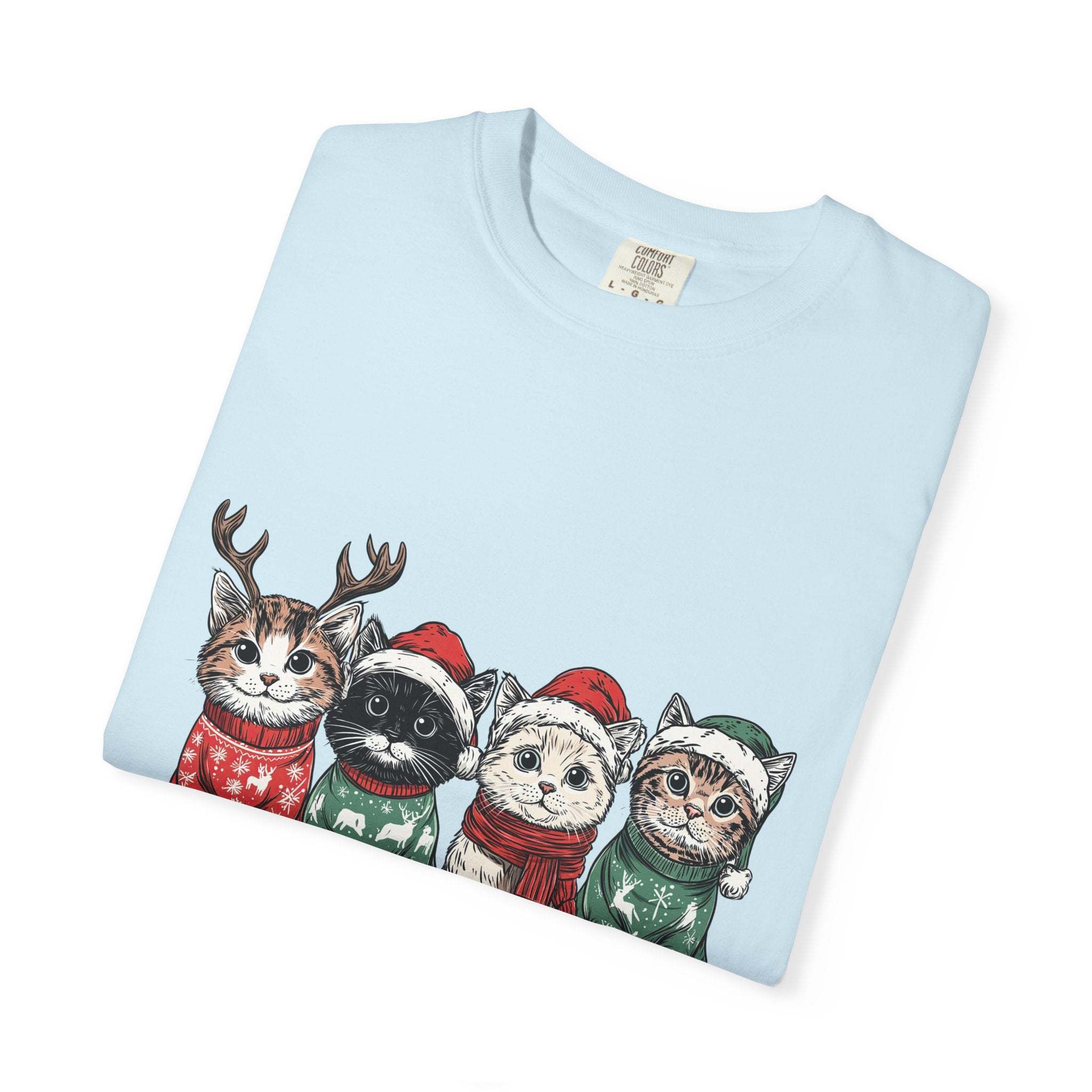 Bay Cat Lover T-shirt with Meowy Christmas design from Printify, perfect festive gift for cat enthusiasts.