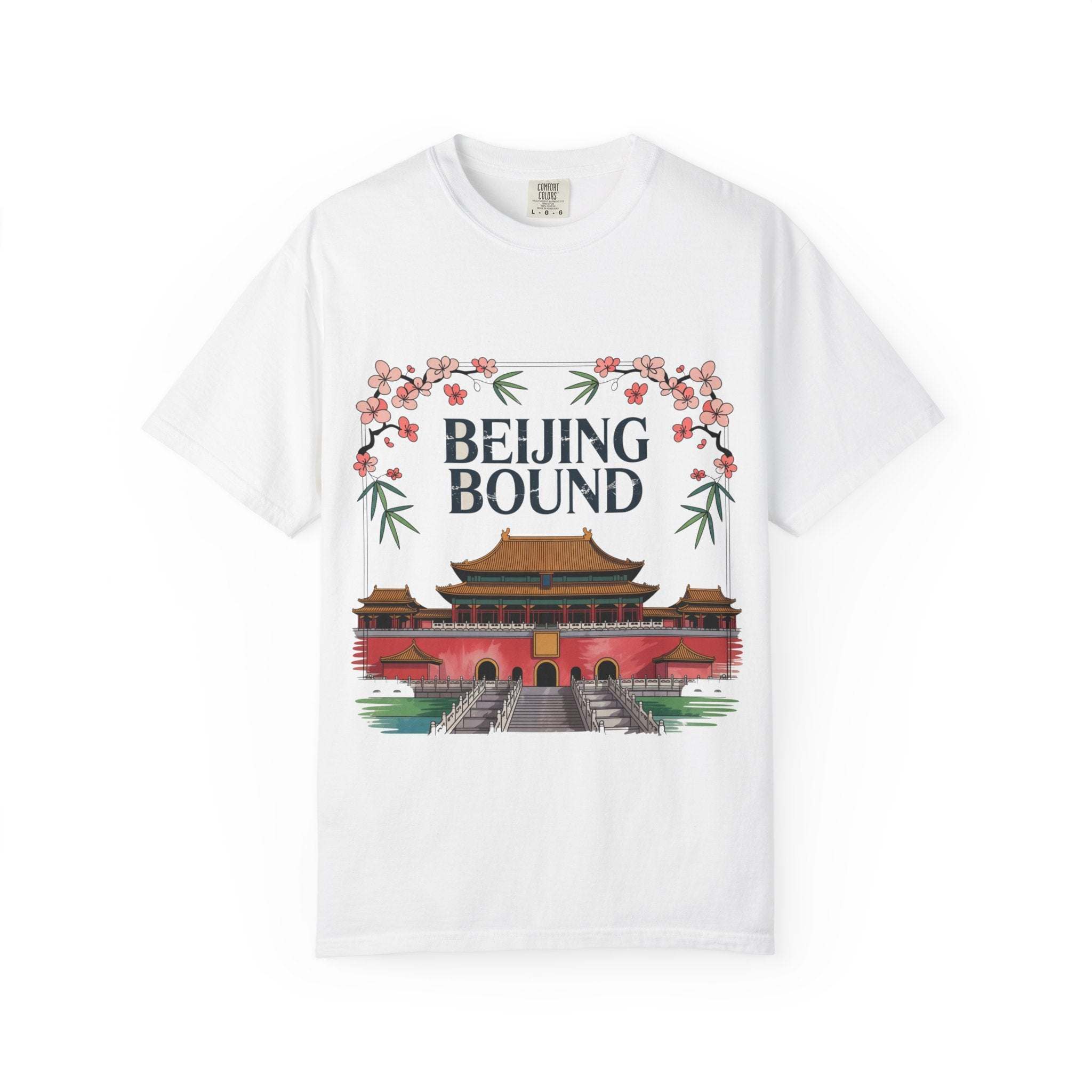 White travel T-shirt with Beijing Bound design featuring traditional Chinese architecture and cherry blossoms