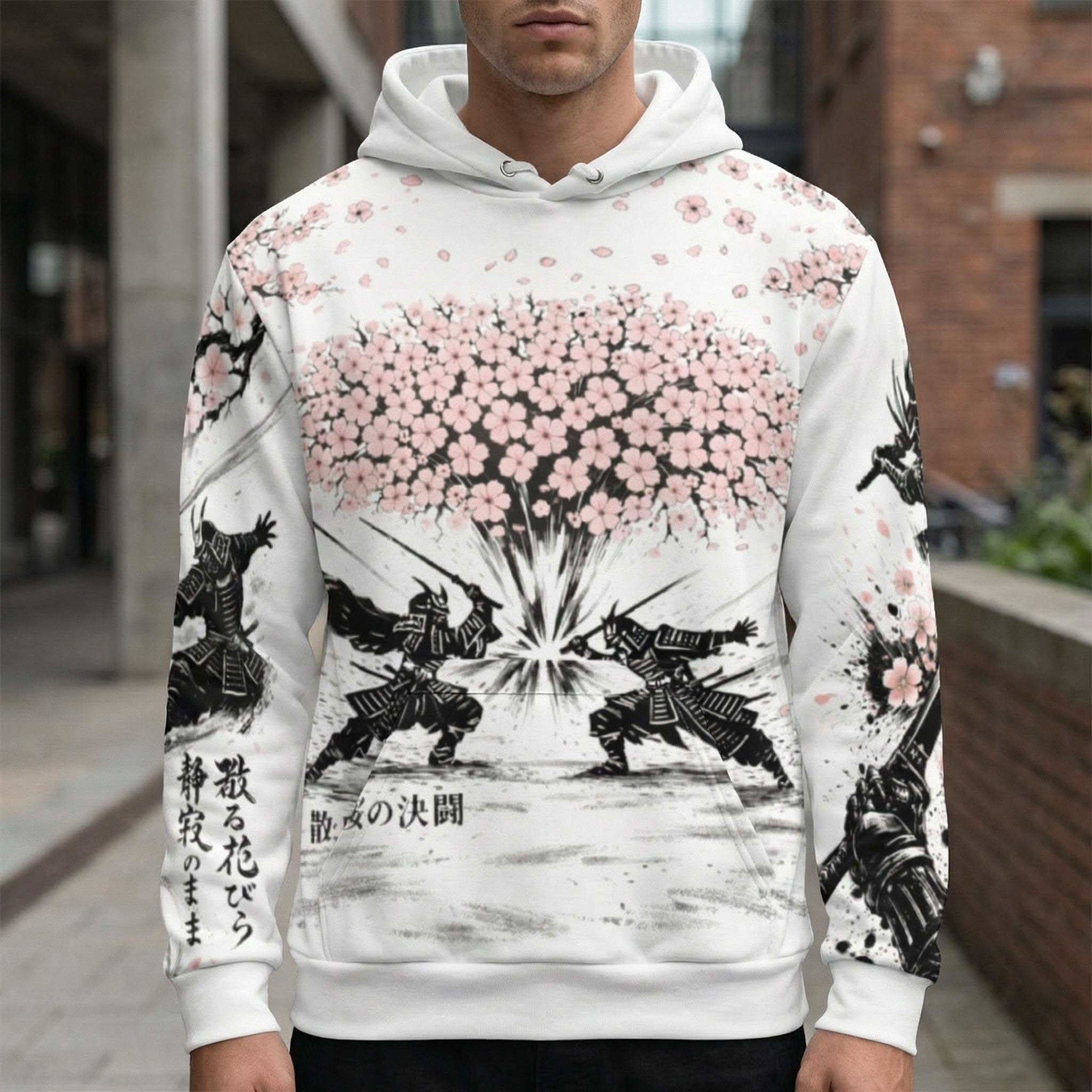 Samurai Cherry Blossom Hoodie with silhouetted samurai and pink cherry blossoms in Japanese streetwear style