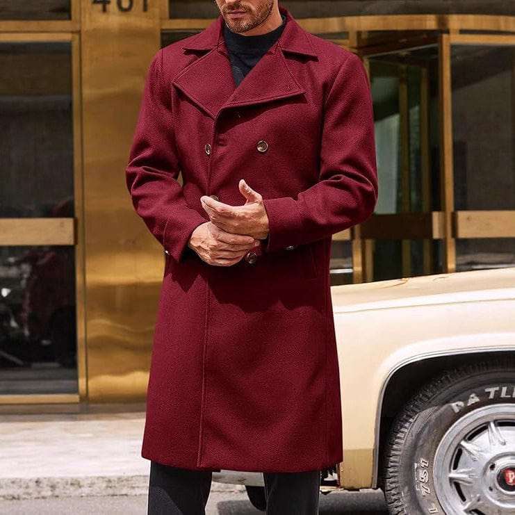 Woolen male double-breasted thickened trench coat in red color with polyester lining