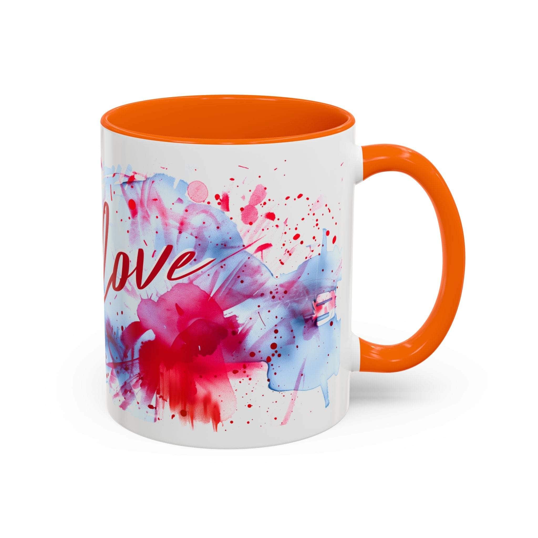 Mug with colorful abstract design and 'love' text on a white background