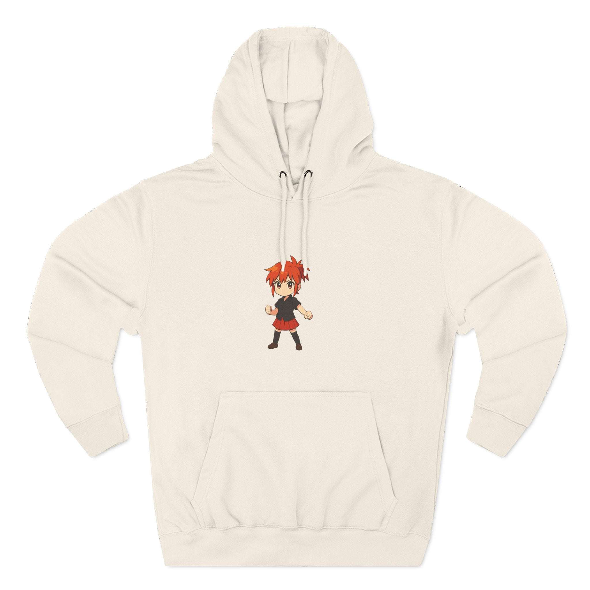 Fleece hoodie featuring Anime Power Girl design in black, perfect for cozy casual wear at anime conventions.