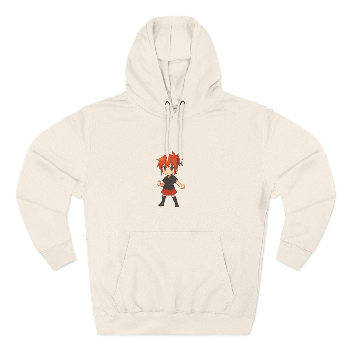 Fleece hoodie featuring Anime Power Girl design in black, perfect for cozy casual wear at anime conventions.