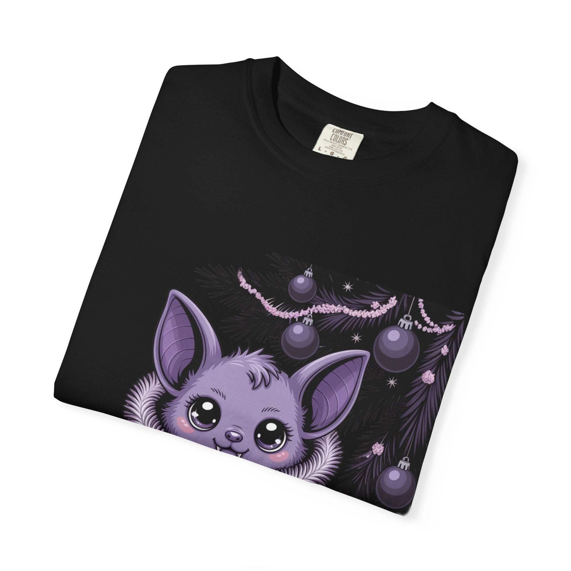 Black t-shirt with a purple bat and Christmas decorations design on a white background
