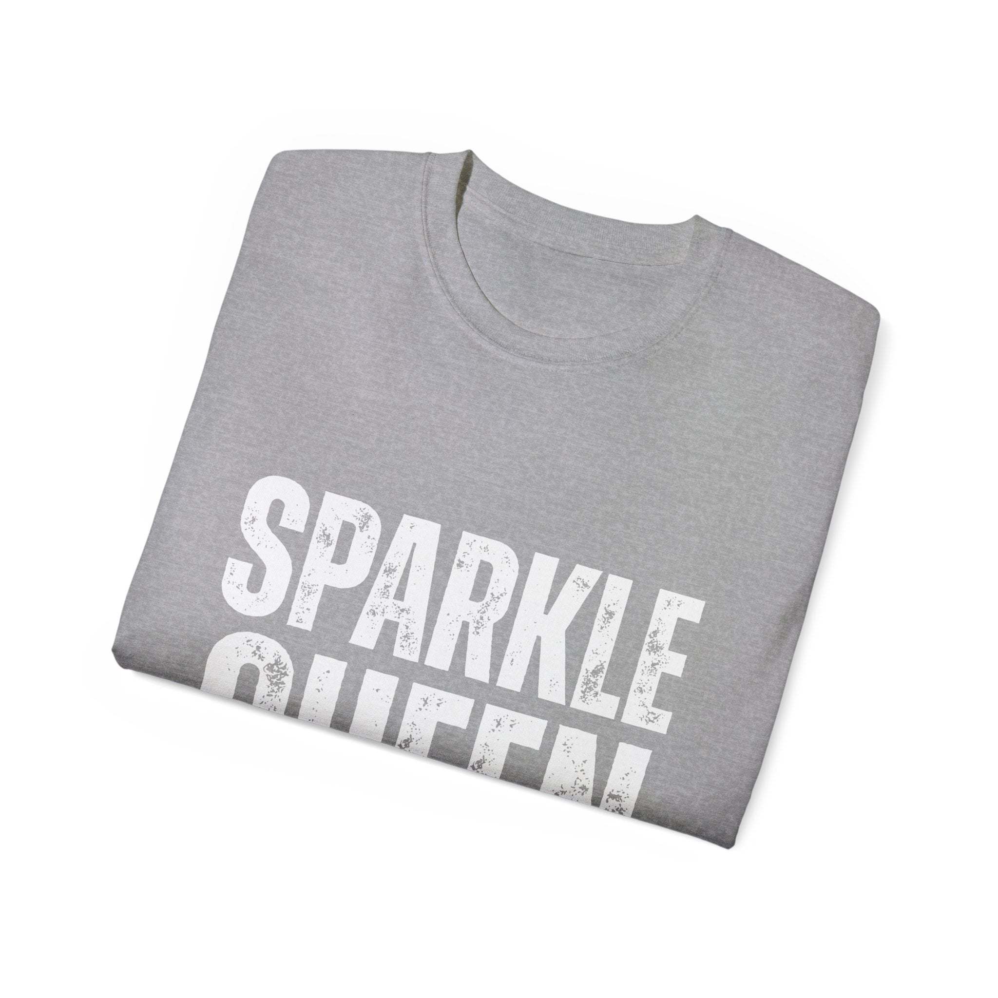 Folded gray Sparkle Queen T-Shirt with distressed white graphic text design for fashionistas