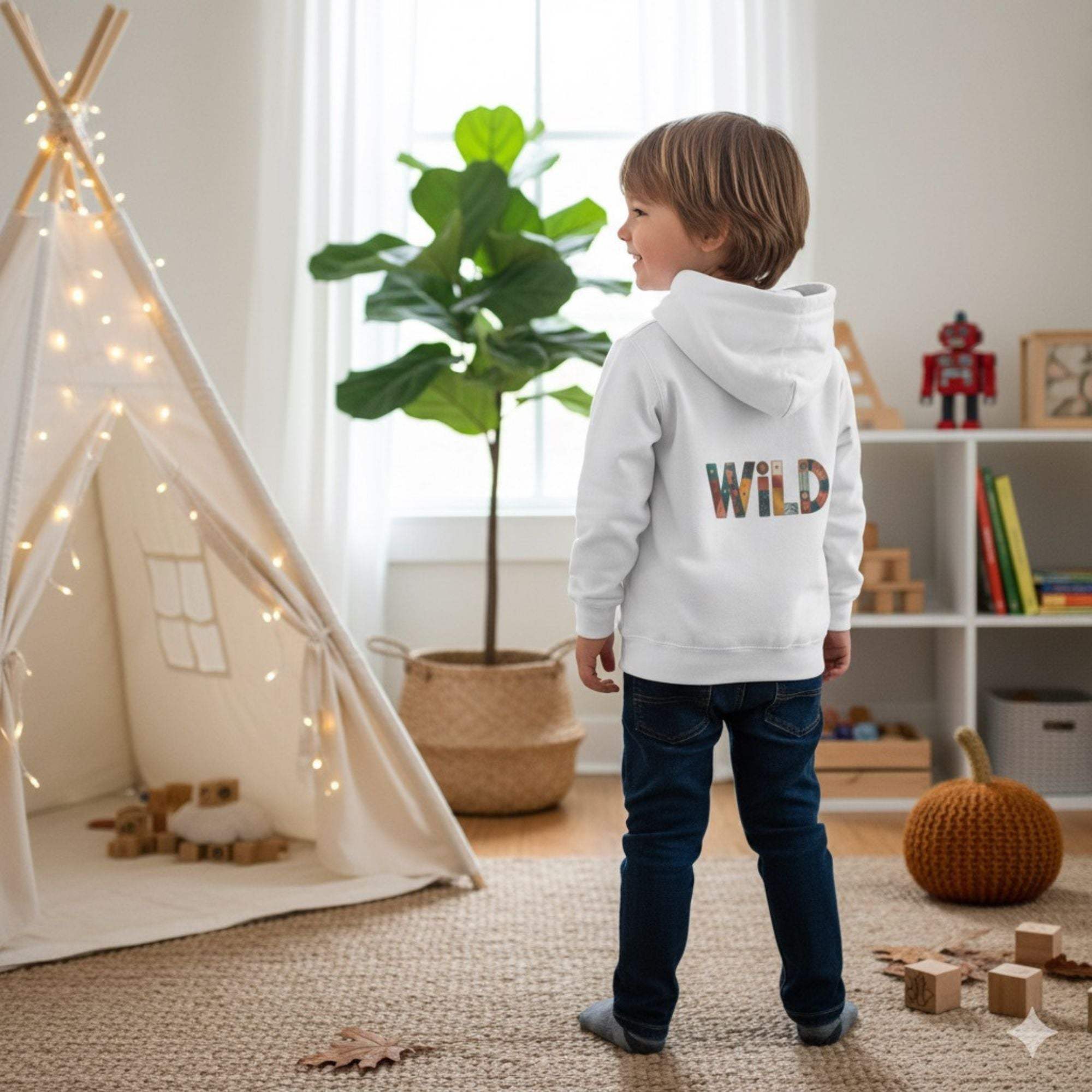 Child wearing white Patchwork Wild Word Hoodie with colorful "WILD" text on the back in a cozy playroom setting