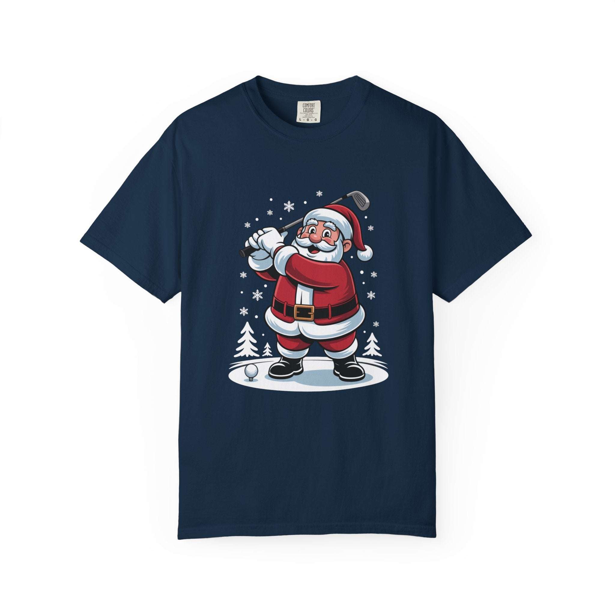 True Navy unisex t-shirt featuring a humorous Santa golfing graphic by Printify