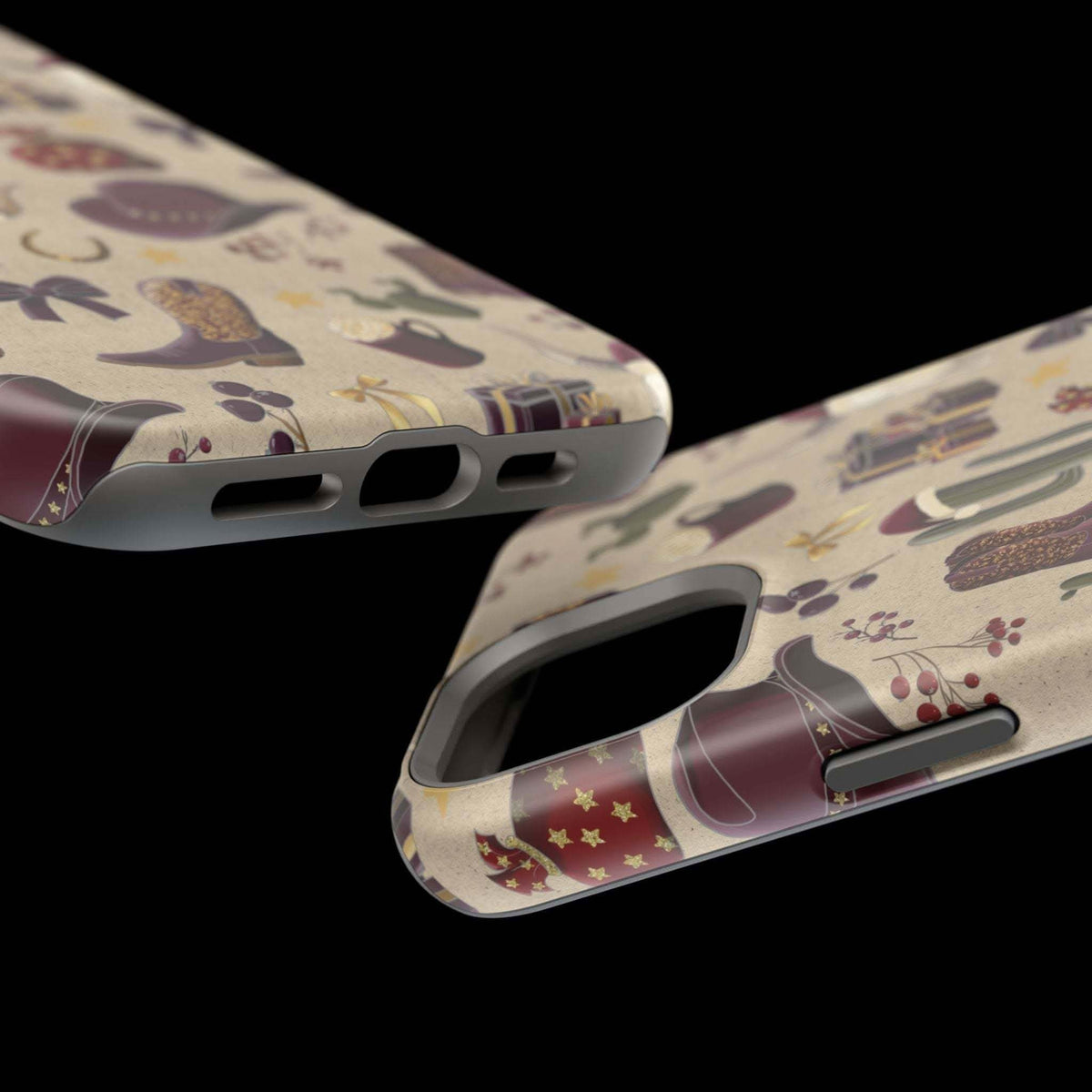 Cowboy Christmas design phone case for iPhone 17 in glossy finish by Printify, featuring festive colors and patterns.