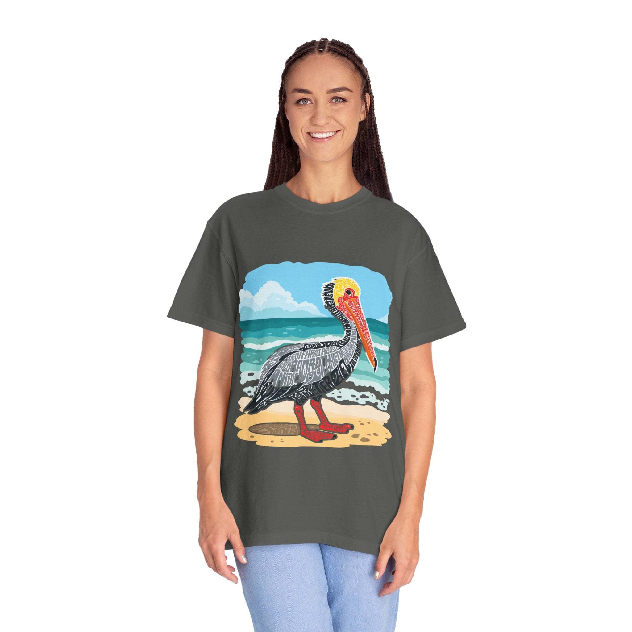 Woman wearing a t-shirt with a pelican design on a white background