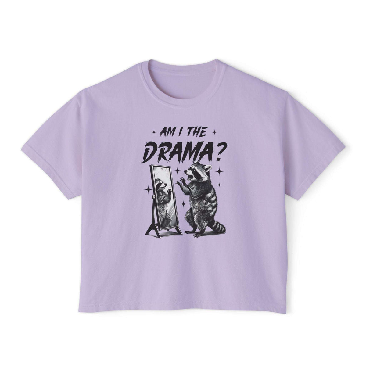 Lilac women's boxy tee with "Am I The Drama?" raccoon graphic and vintage pigment dye finish