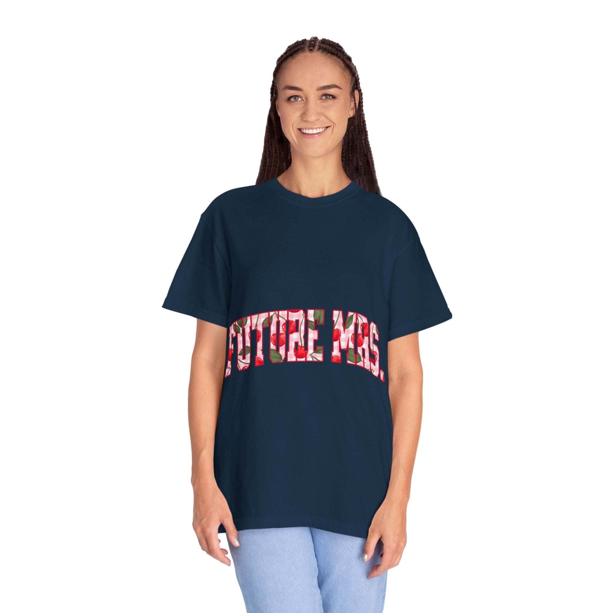 Future Mrs Cherry T-Shirt in soft muted colors for brides-to-be celebrating upcoming nuptials