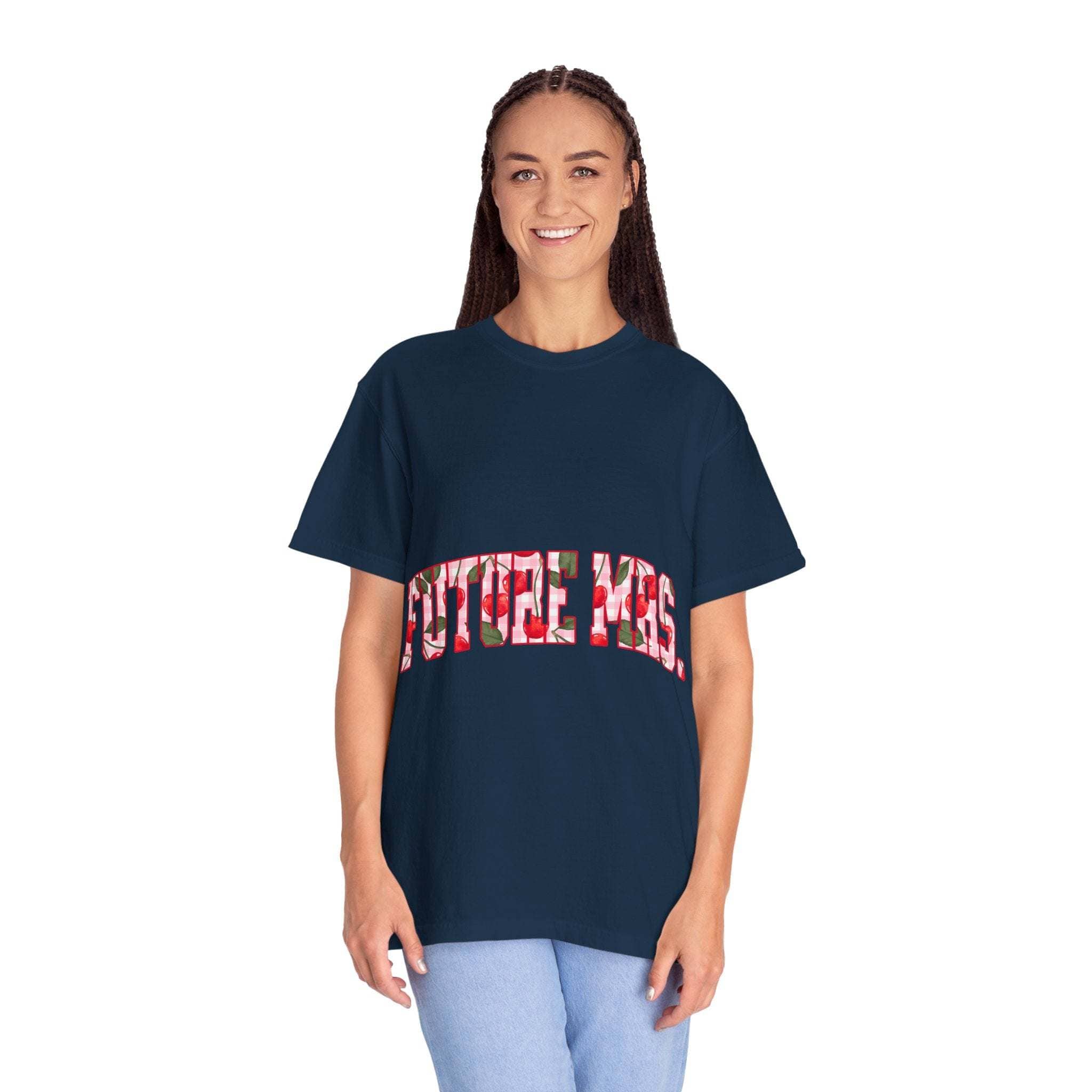 Future Mrs Cherry T-Shirt in soft muted colors for brides-to-be celebrating upcoming nuptials