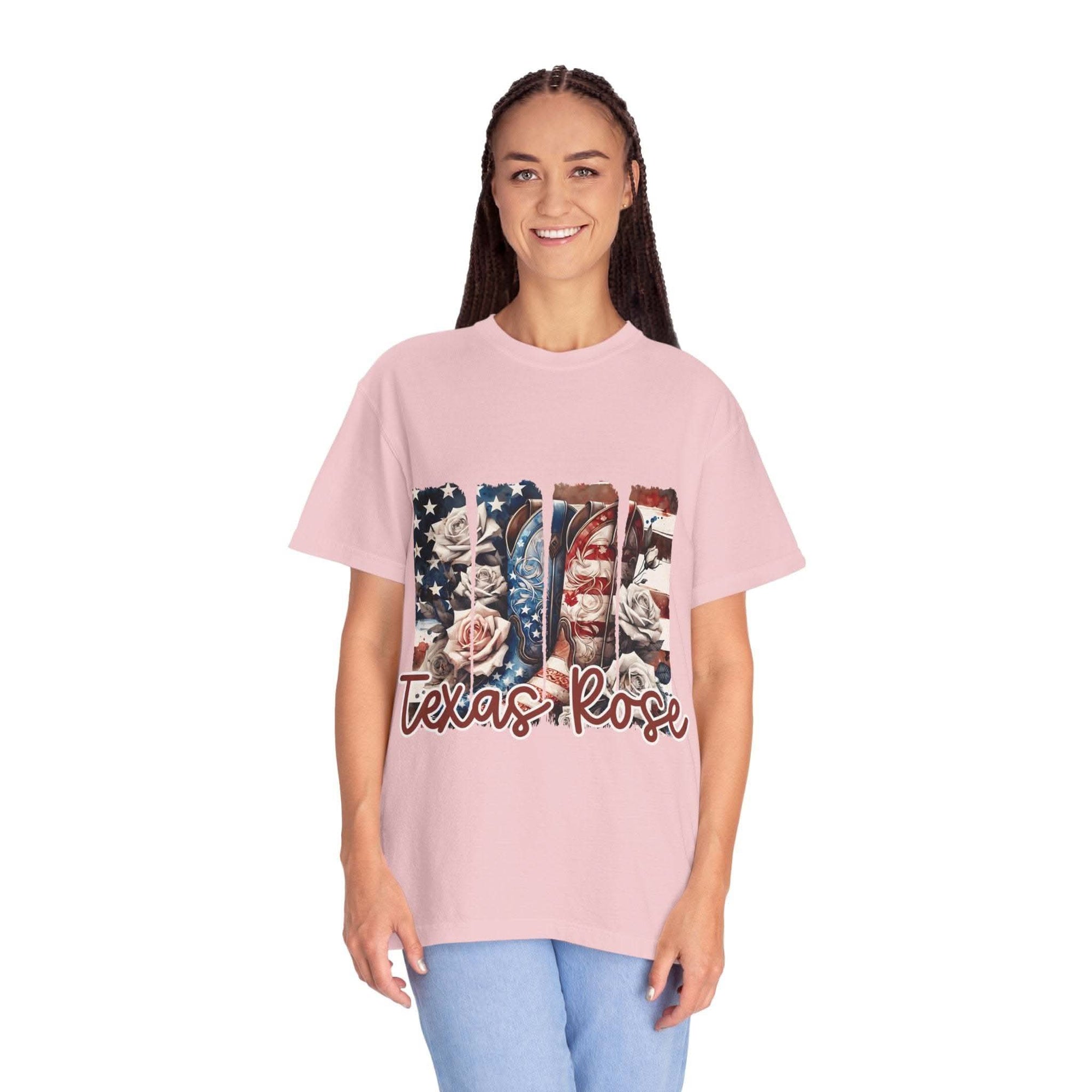 Texas Rose T-Shirt with soft faded hue and relaxed fit inspired by blooming Texas wild rose