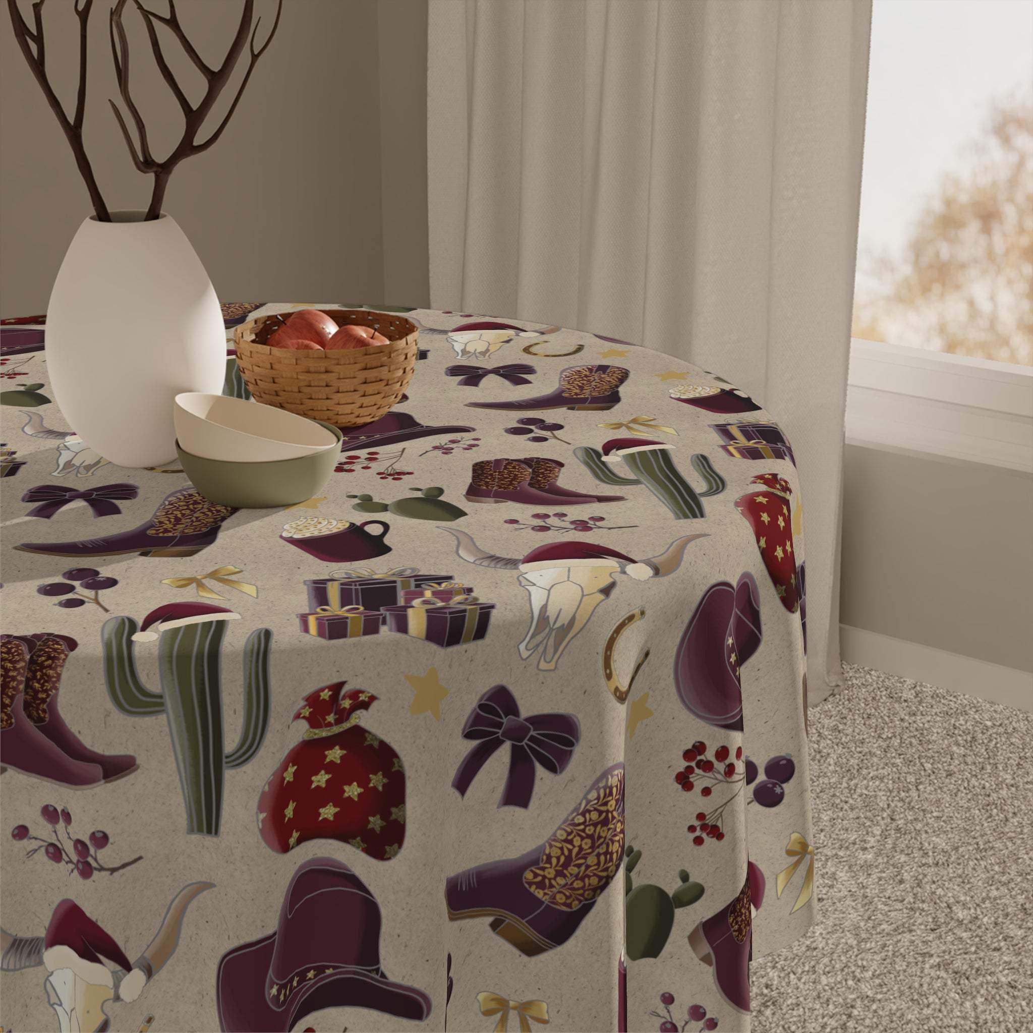 Cowboy Christmas tablecloth with western-themed holiday decorations in vibrant colors on a beige background