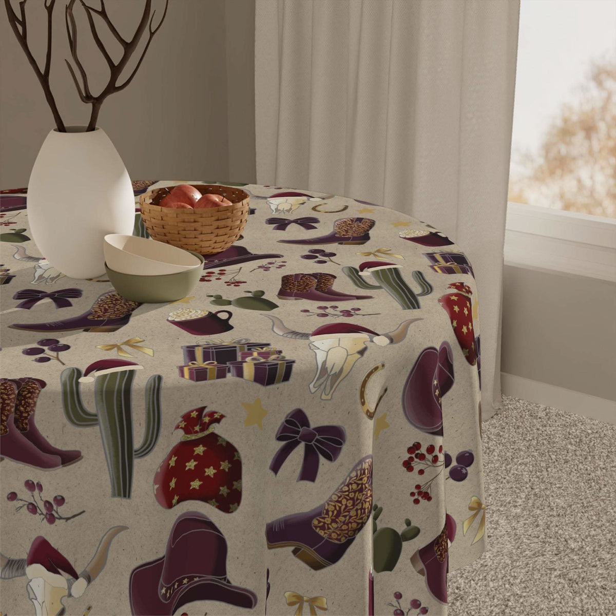 Cowboy Christmas tablecloth with western-themed holiday decorations in vibrant colors on a beige background