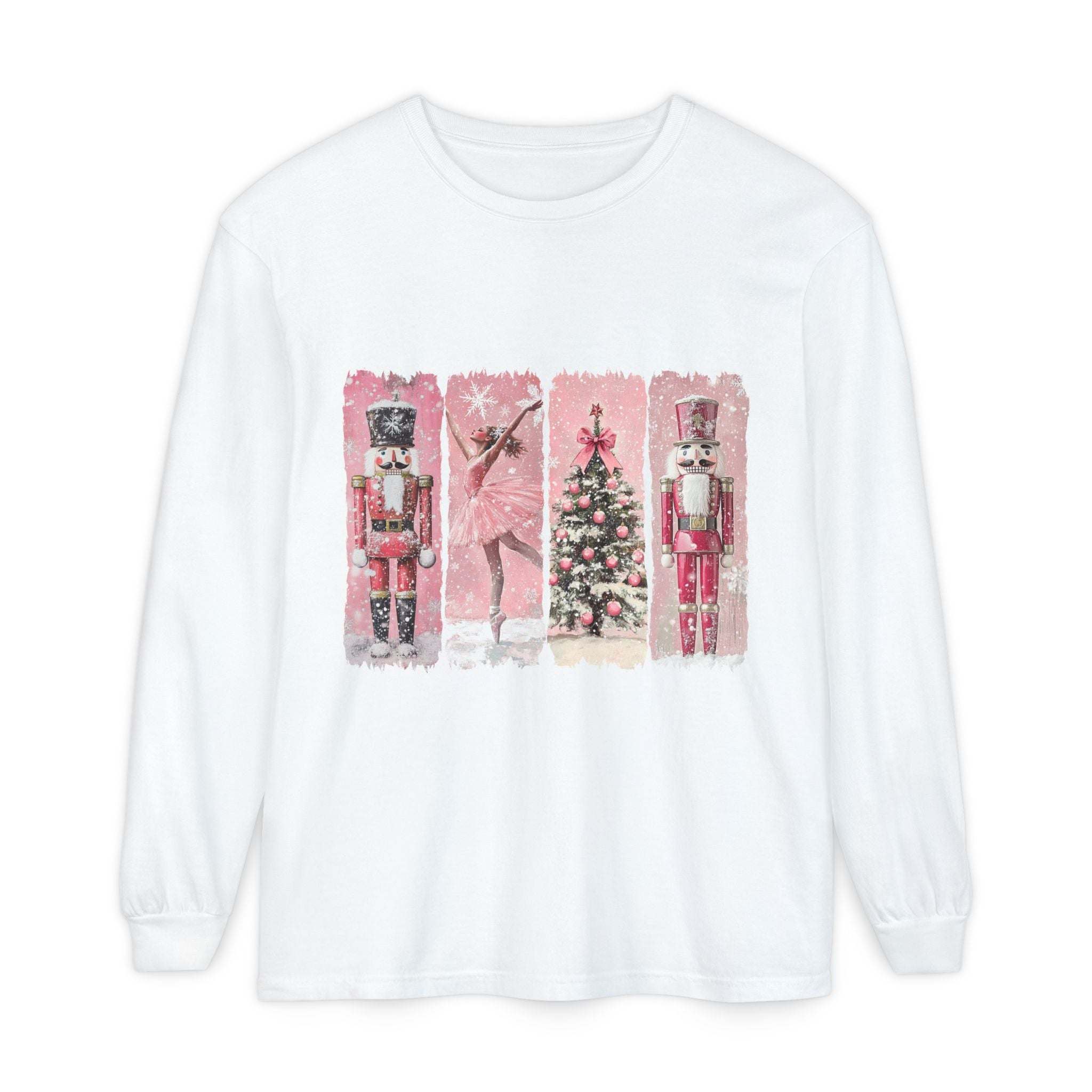 White long sleeve t-shirt with preppy pink watercolor Nutcracker Christmas design