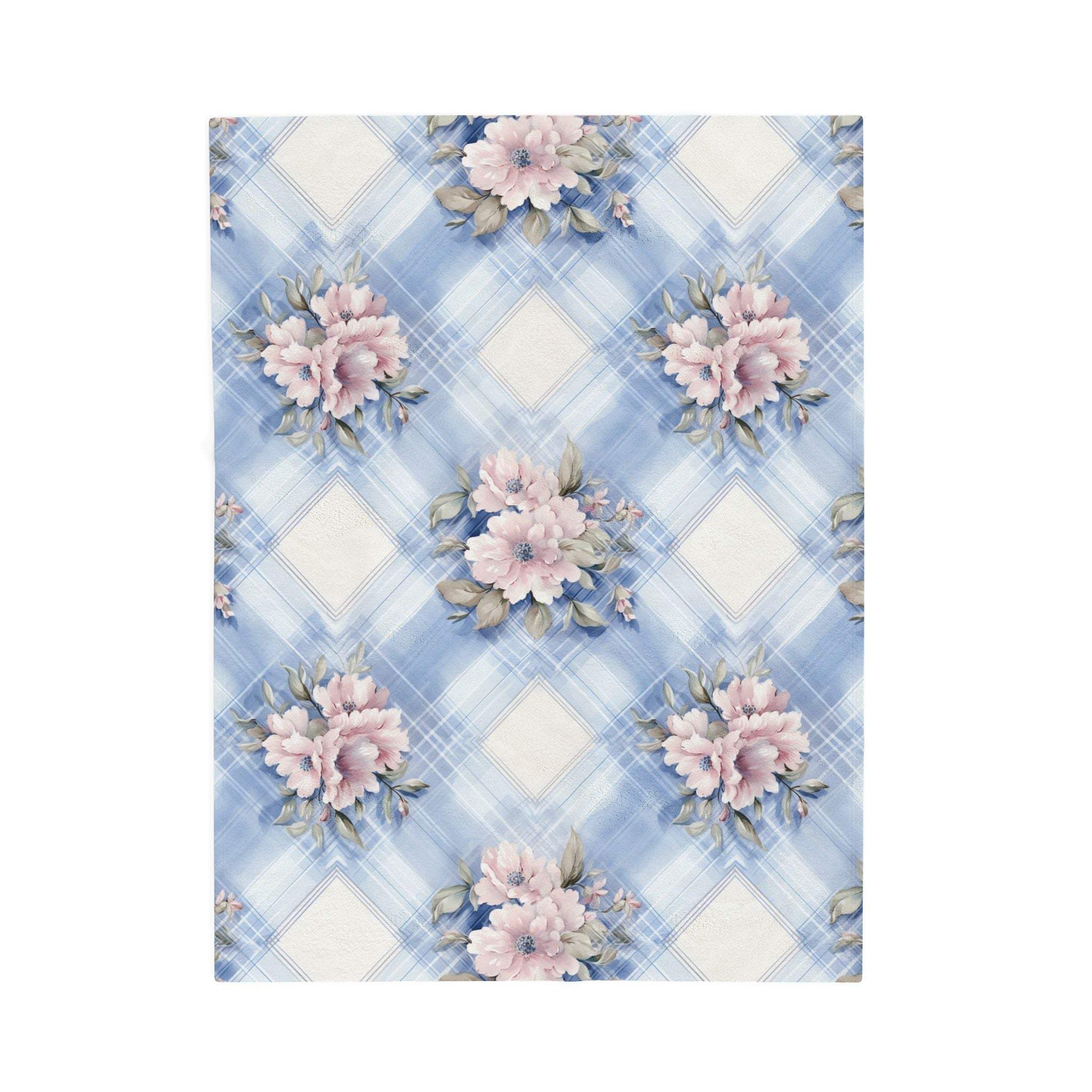 Floral pastel velveteen plush blanket in light blue and pink by Printify, featuring feminine design and cozy fabric.