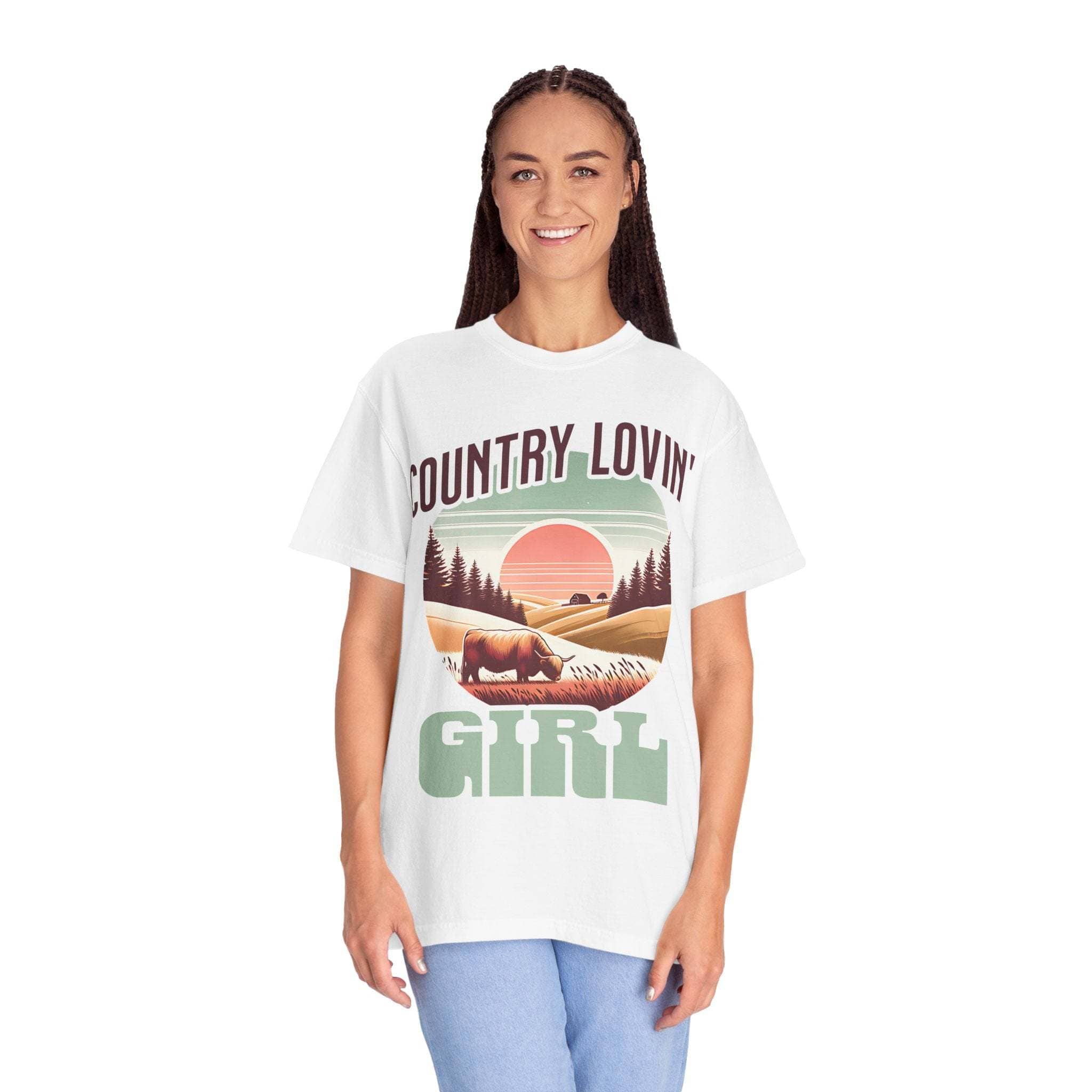 Woman wearing white Country Lovin Girl T-shirt with vintage country sunset and horse design