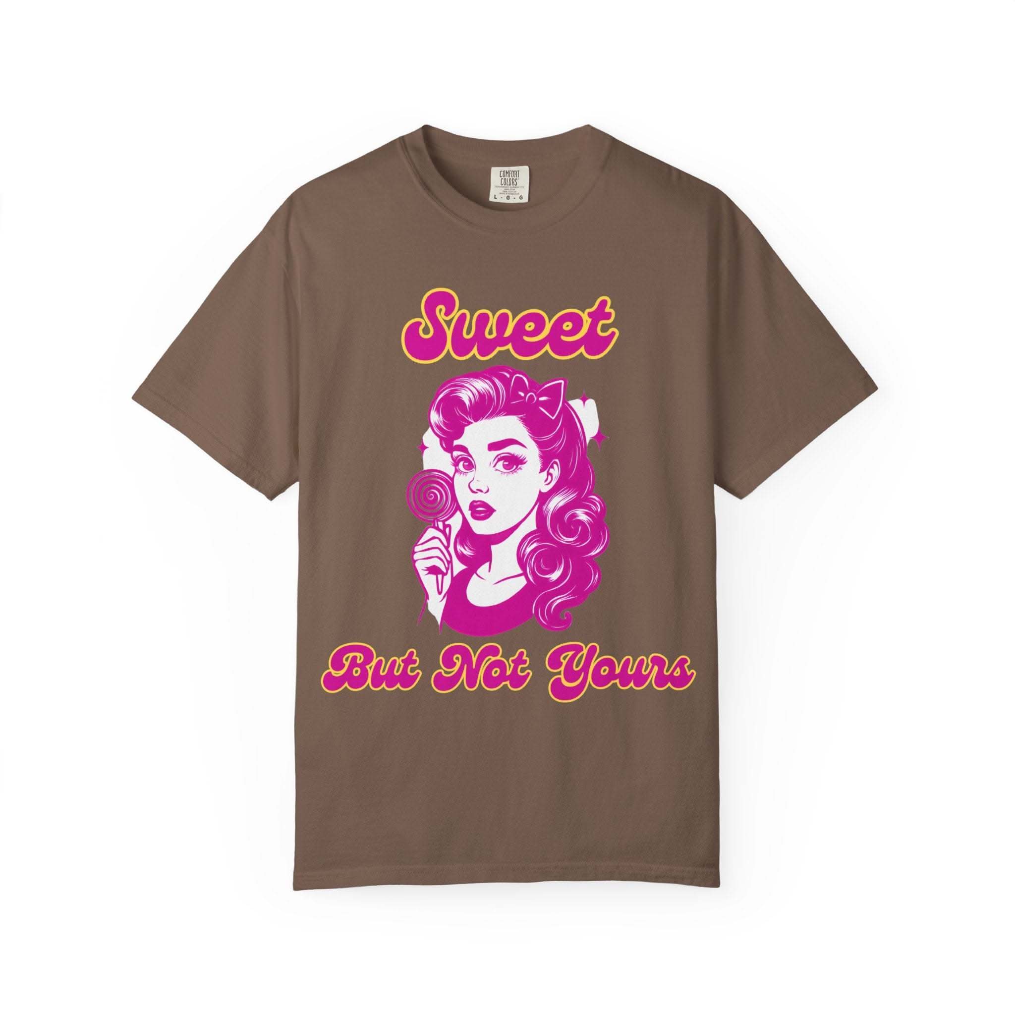 Black t-shirt with 'Sweet But Not Yours' bratcore design, made of comfortable cotton, by Printify.