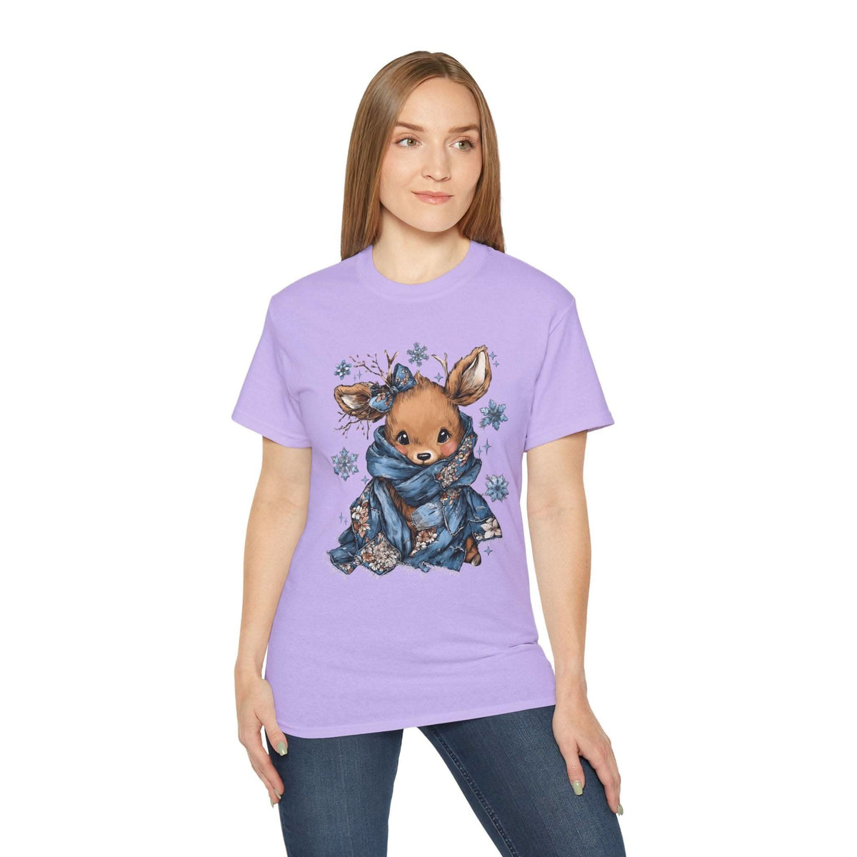 White t-shirt with retro patchwork reindeer design wearing blue scarf and surrounded by snowflakes