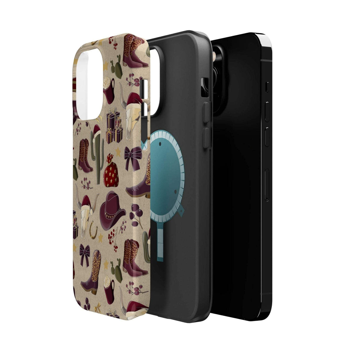 Cowboy Christmas design phone case for iPhone 17 in glossy finish by Printify, featuring festive colors and patterns.