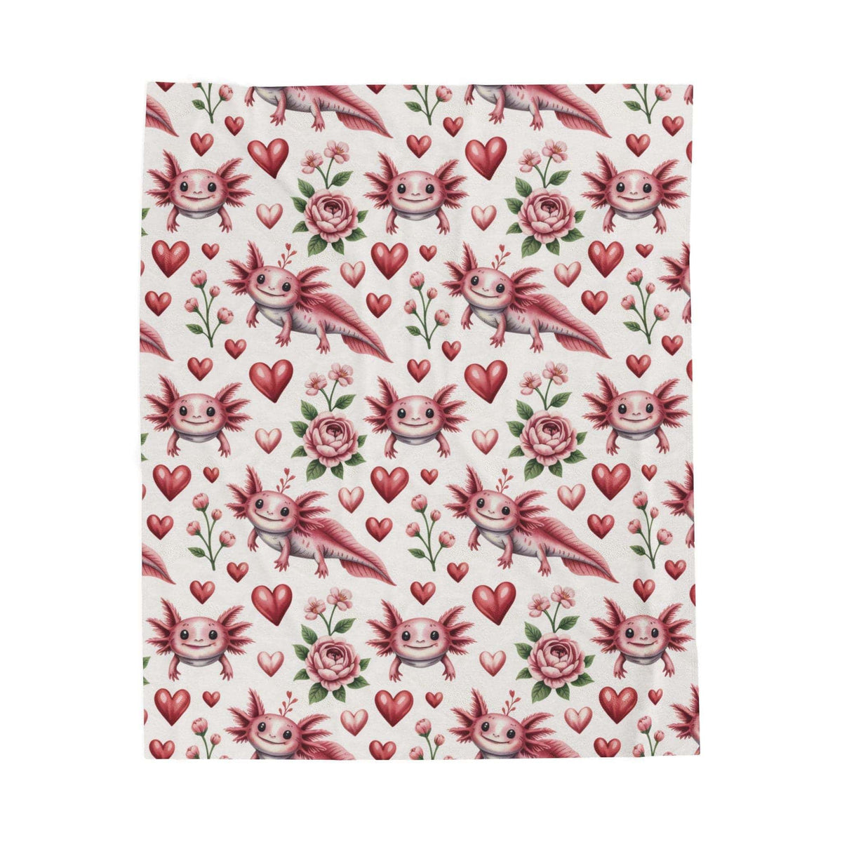 Floral axolotl printed velveteen blanket with heart and blossom design