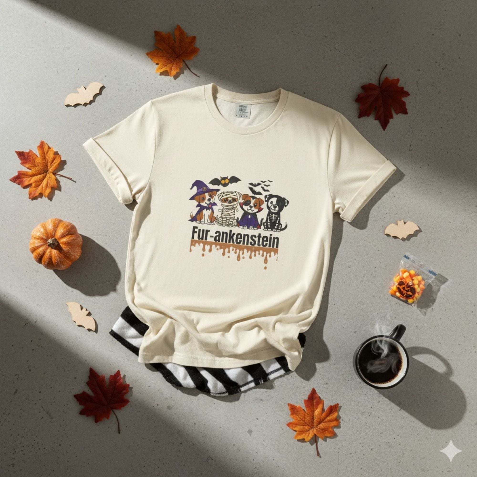 Cream Puppies Halloween T-shirt with puppies in Halloween costumes and autumn leaves decoration