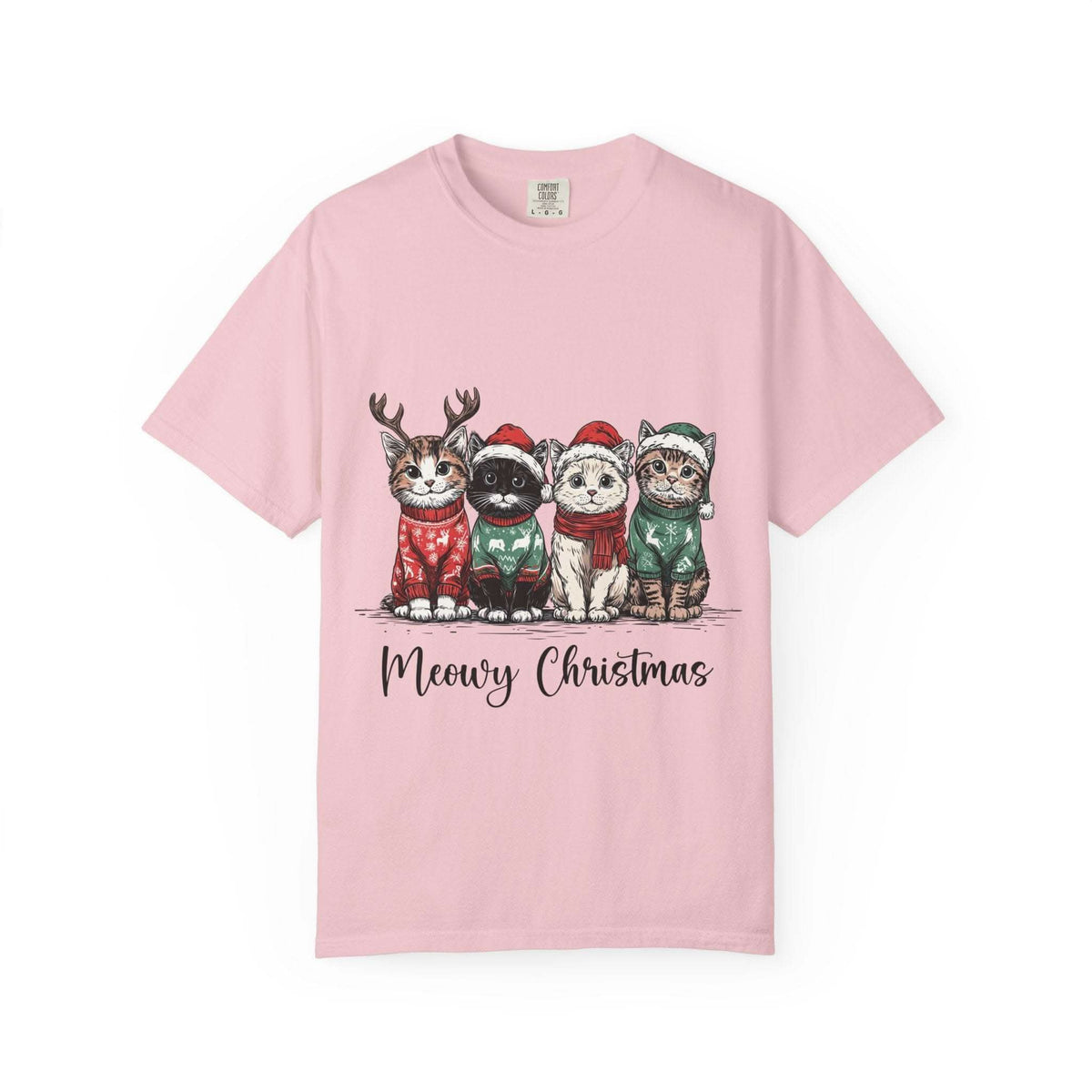 Bay Cat Lover T-shirt with Meowy Christmas design from Printify, perfect festive gift for cat enthusiasts.