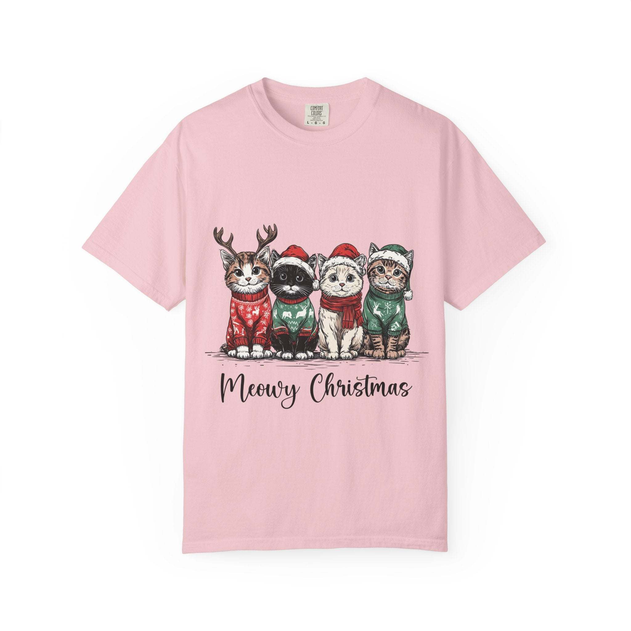 Bay Cat Lover T-shirt with Meowy Christmas design from Printify, perfect festive gift for cat enthusiasts.