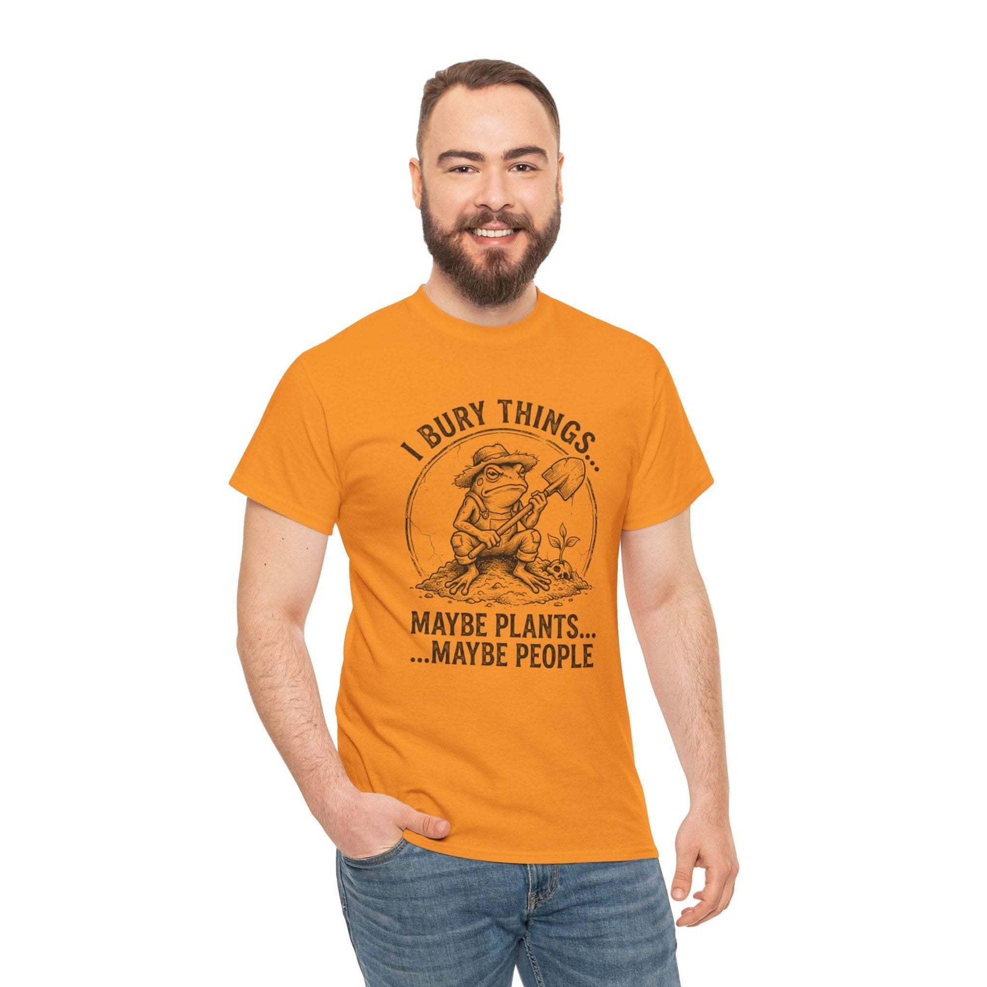 Unisex I Bury Things Maybe Plants Maybe People T-shirt with dark humor garden gnome design